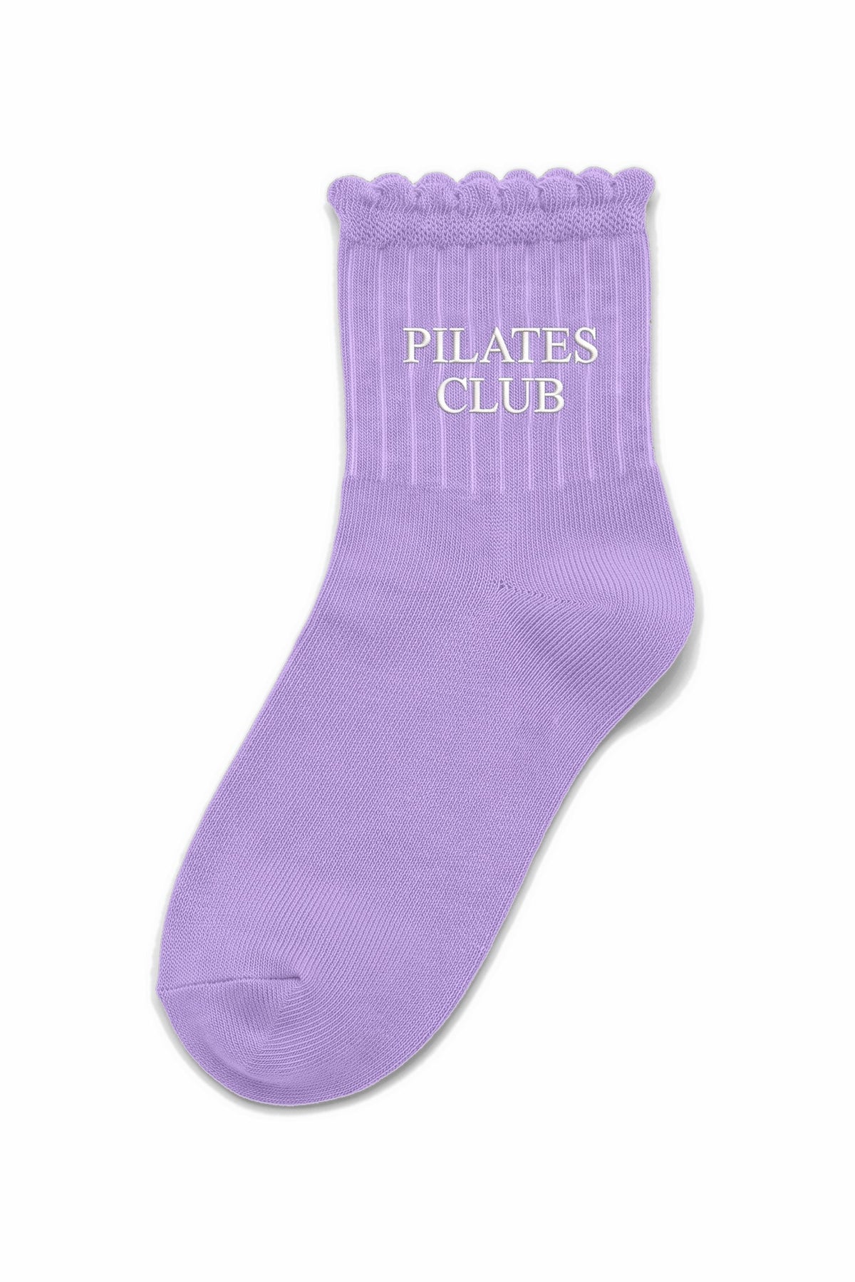 Lilac ruffle ankle socks with custom embroidery on the cuff