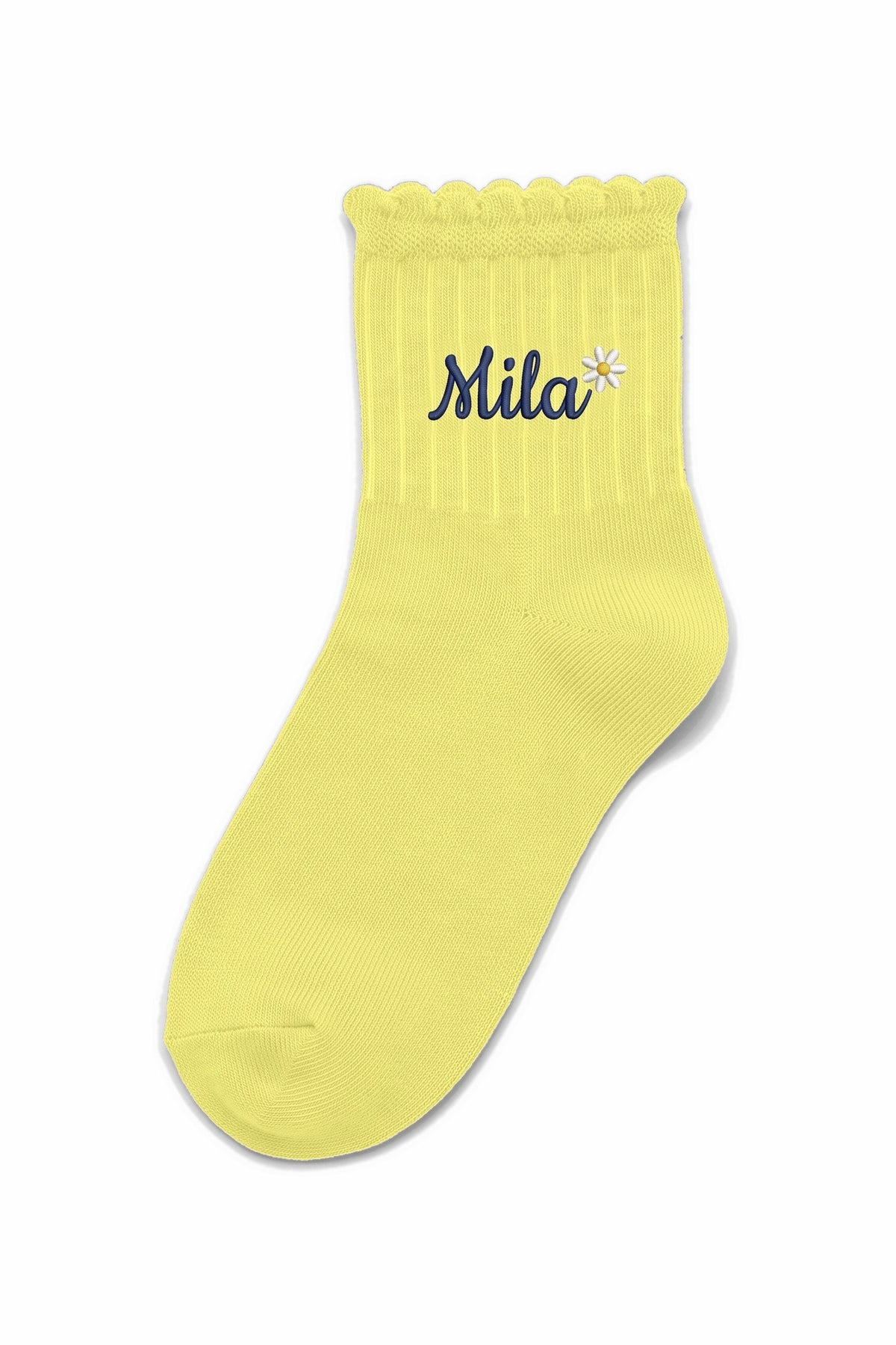 Lemon Yellow ruffle ankle socks with custom embroidery on the cuff