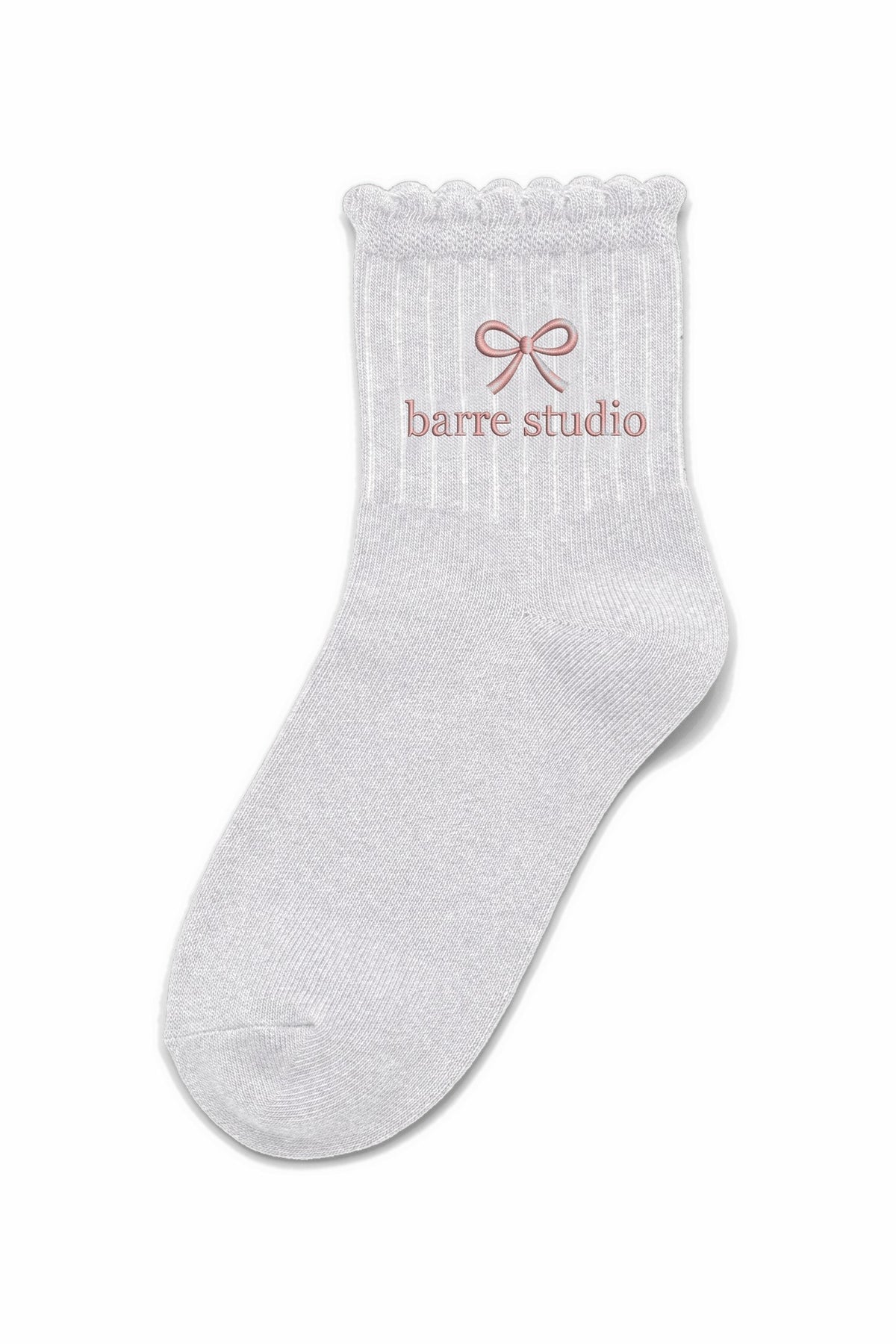 White Melange ruffle ankle socks with custom embroidery on the cuff