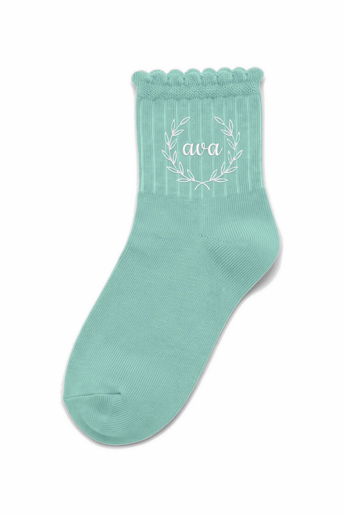 Mint ruffle ankle socks with custom embroidery on the cuff