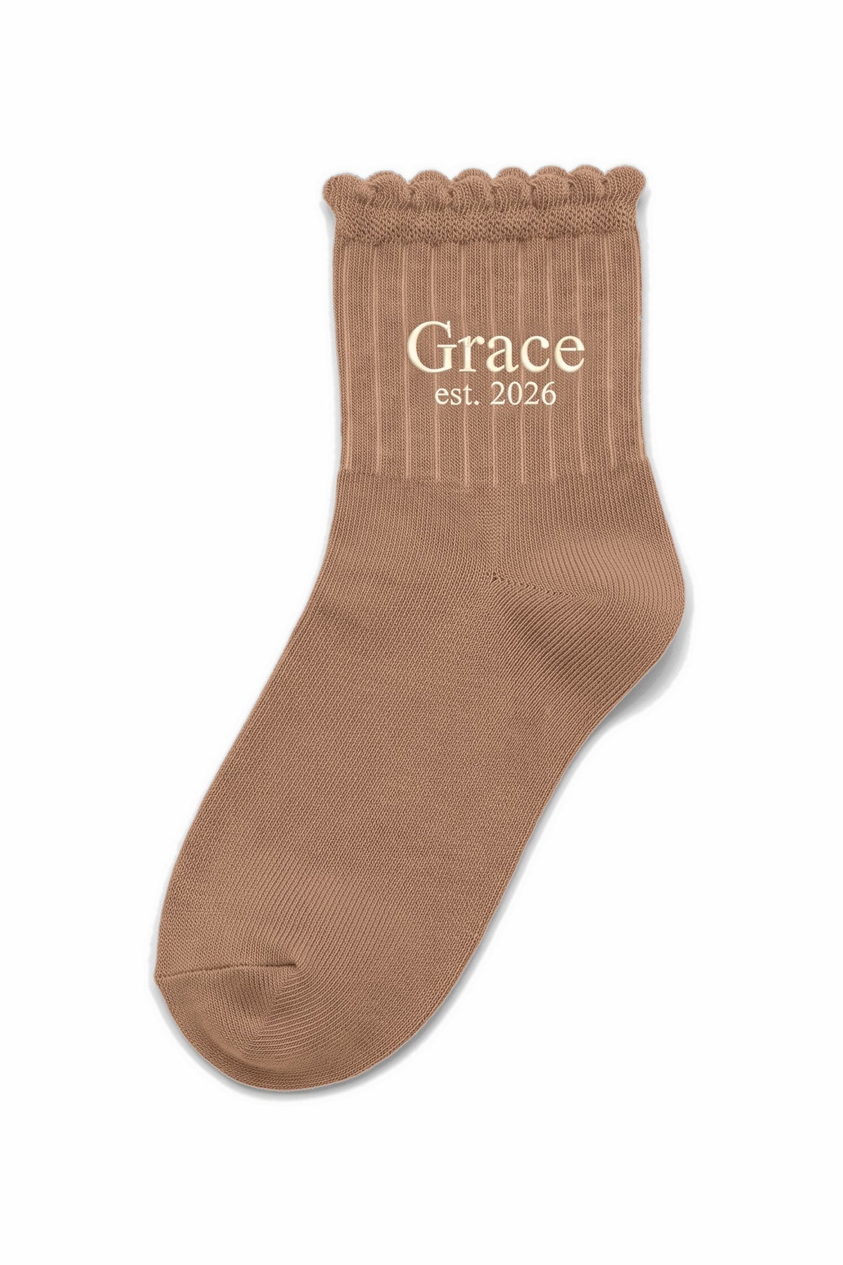 Camel ruffle ankle socks with custom embroidery on the cuff