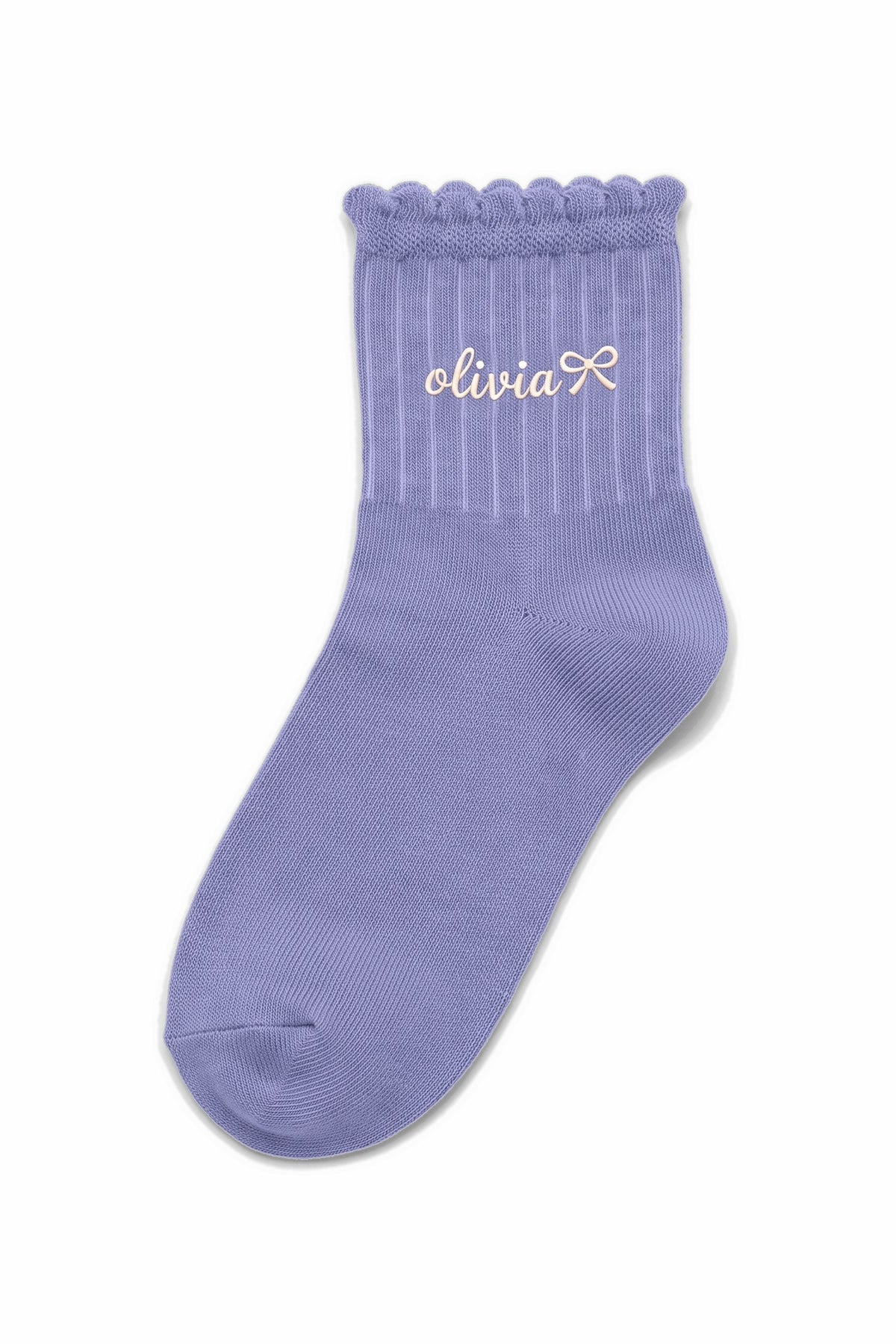 Purple Lilac ruffle ankle socks with custom embroidery on the cuff