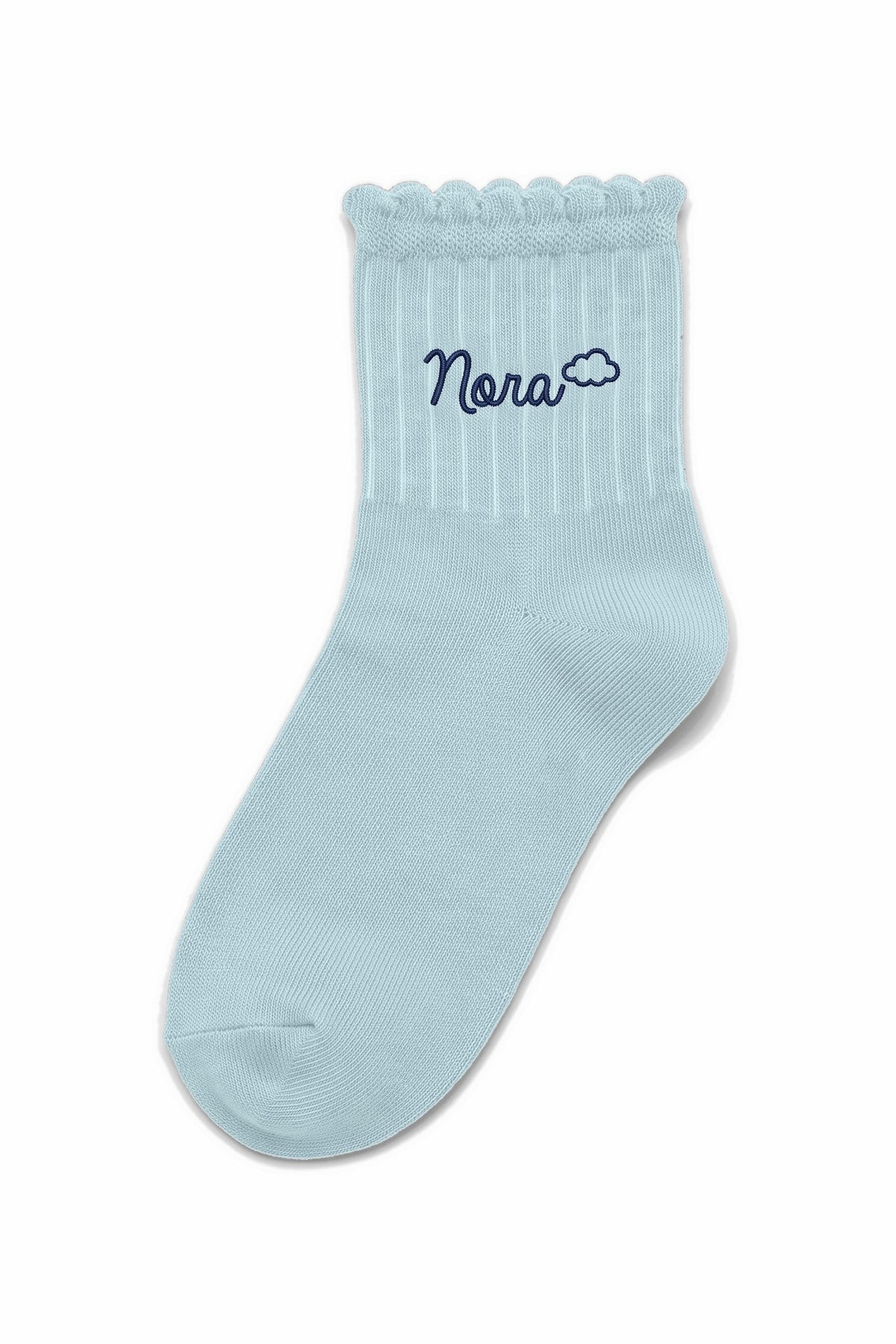 Baby Blue ruffle ankle socks with custom embroidery on the cuff
