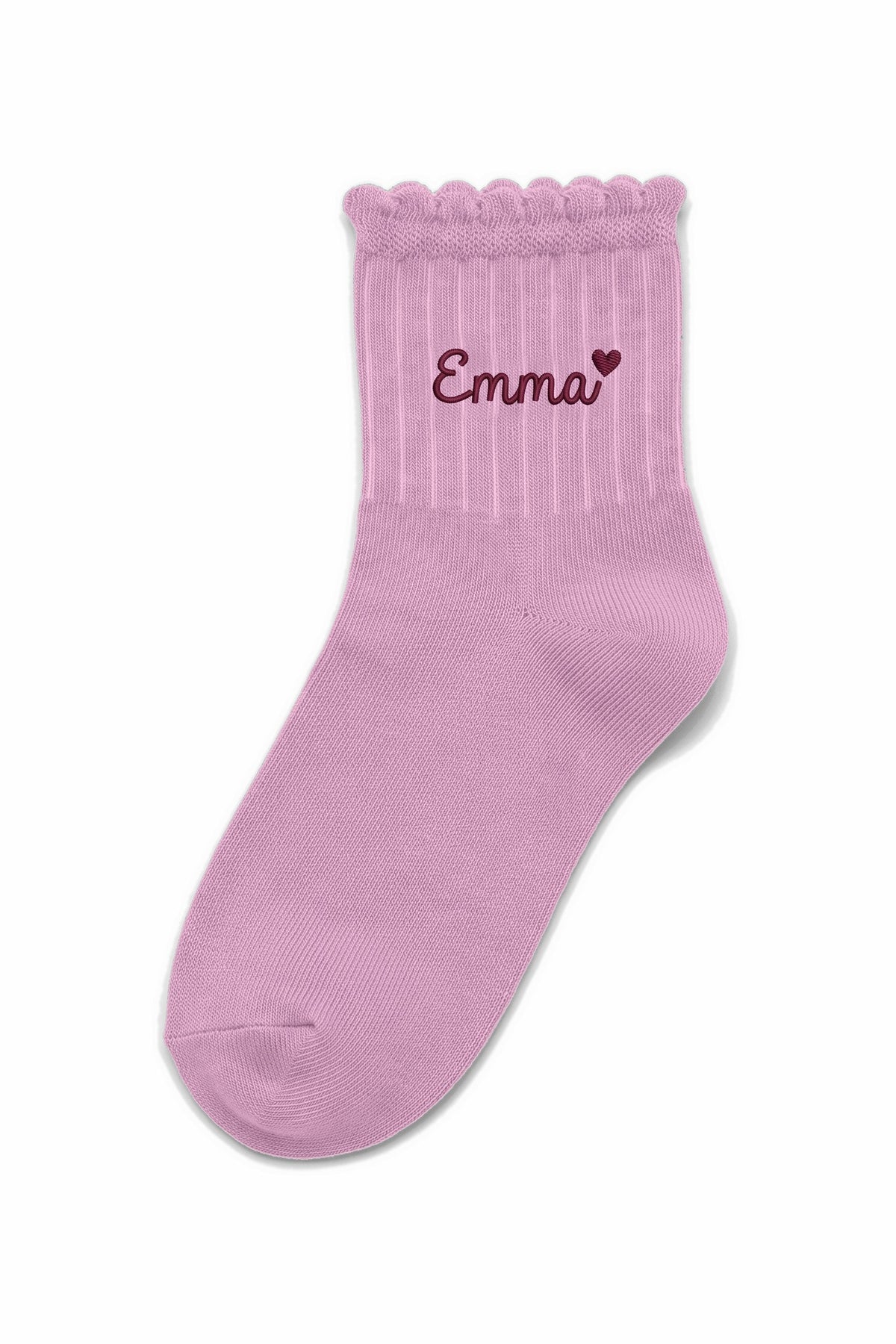 Pink ruffle ankle socks with custom embroidery on the cuff