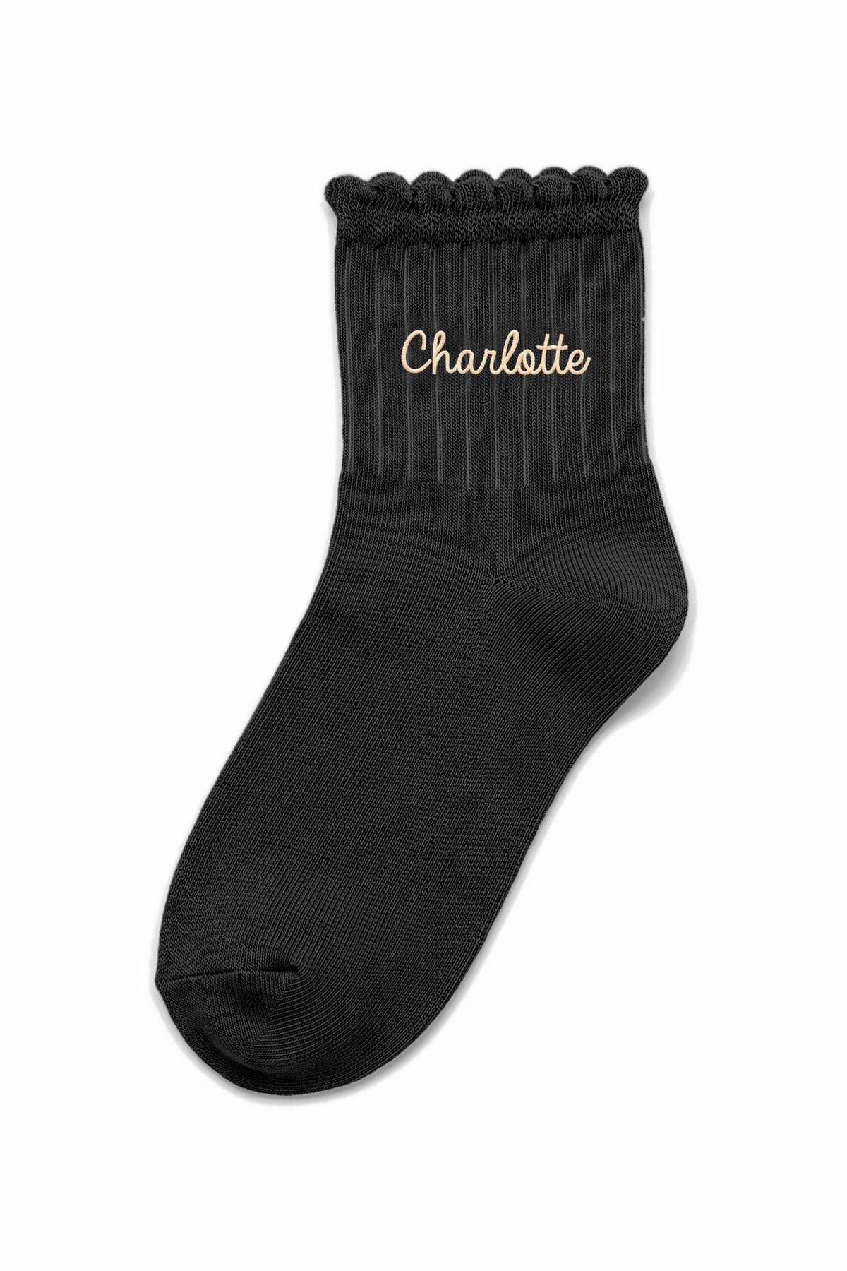 Black ruffle ankle socks with custom embroidery on the cuff