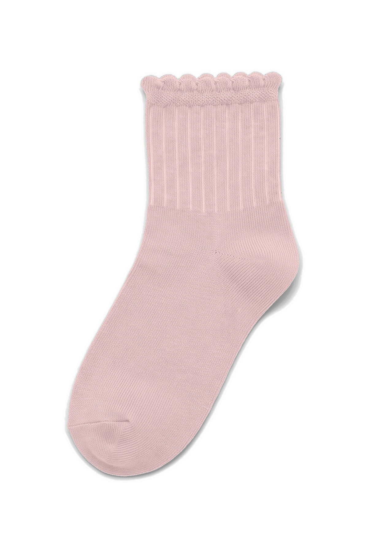 Powder Pink ruffle ankle socks, blank — no embroidery