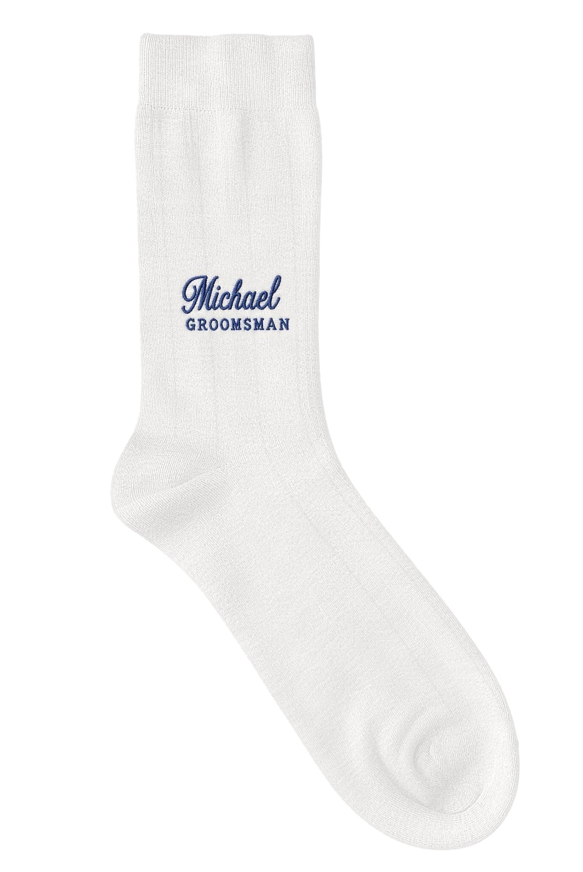 White groom dress socks with custom embroidery on the cuff