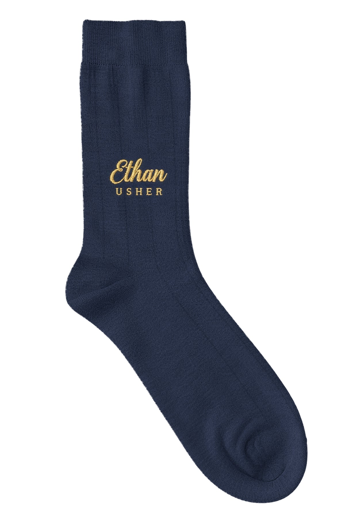 Navy groom dress socks with custom embroidery on the cuff