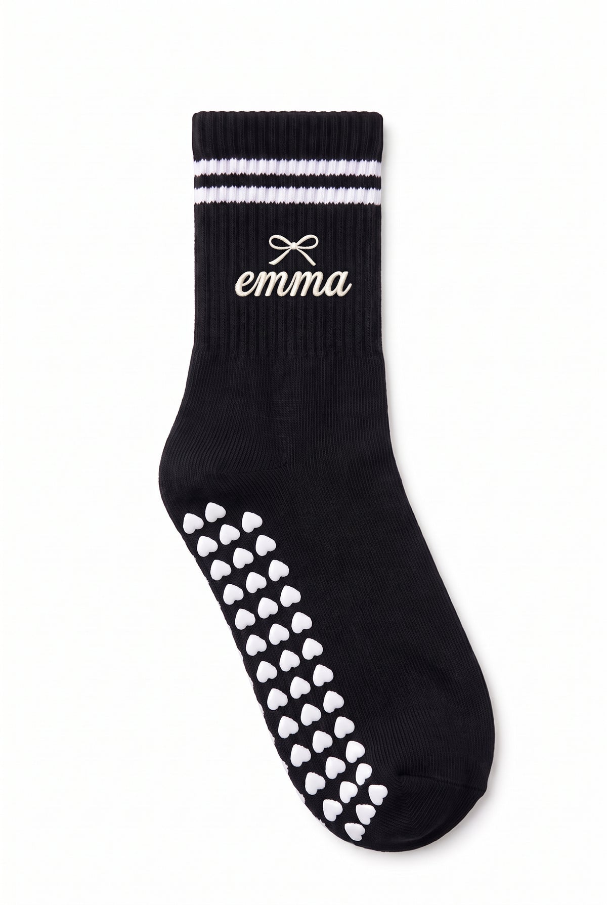 Black crew pilates grip socks with custom embroidery on the cuff