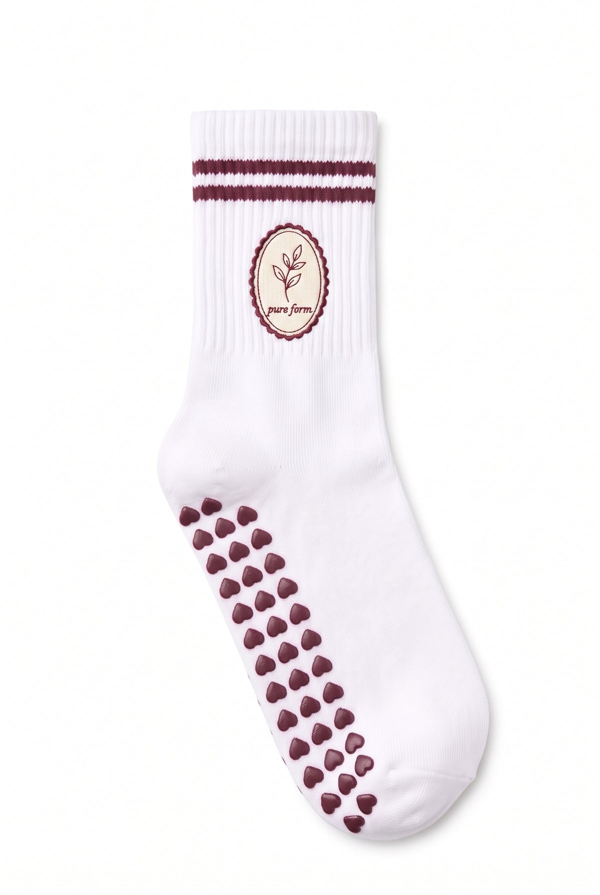 Burgundy crew pilates grip socks with custom embroidery on the cuff