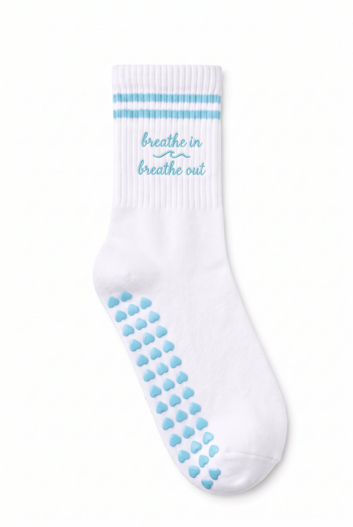 Turquoise crew pilates grip socks with custom embroidery on the cuff