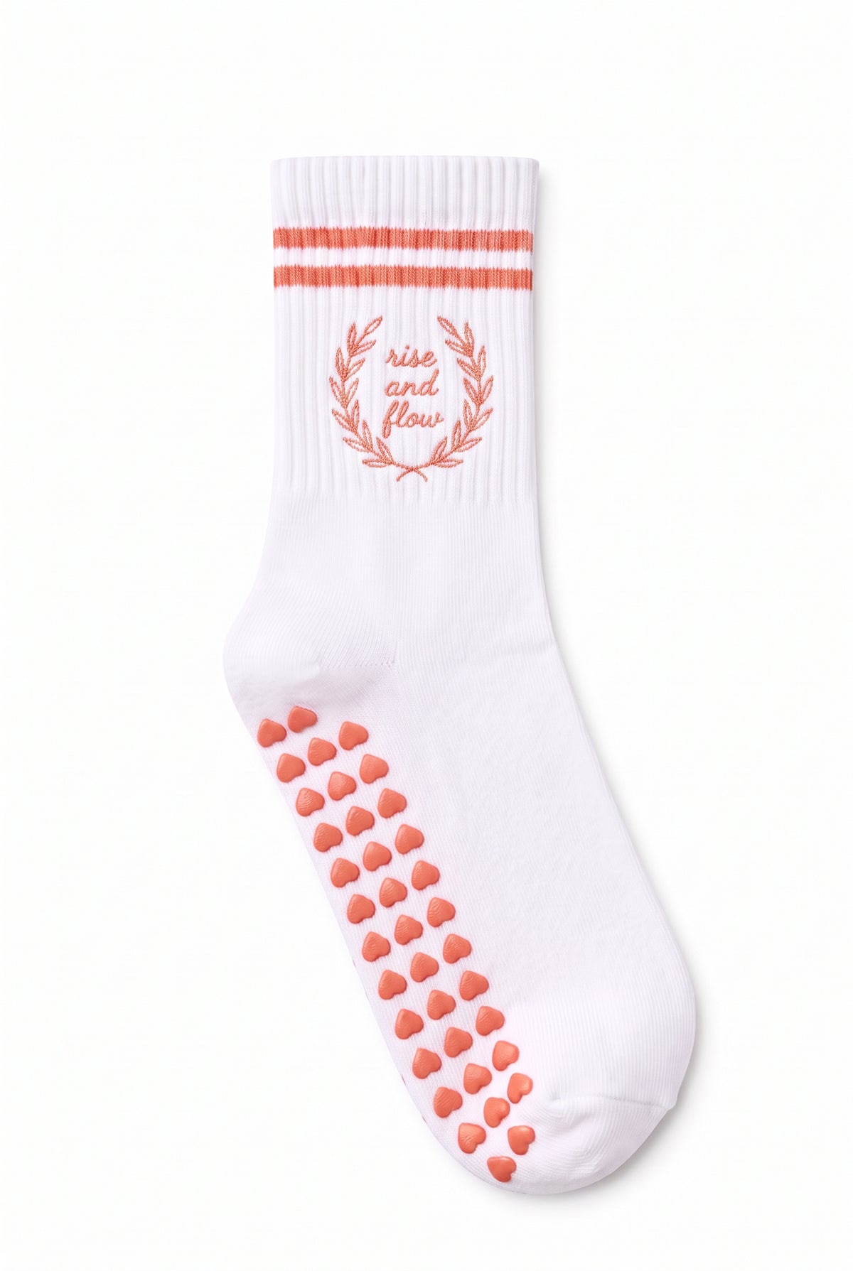 Coral crew pilates grip socks with custom embroidery on the cuff