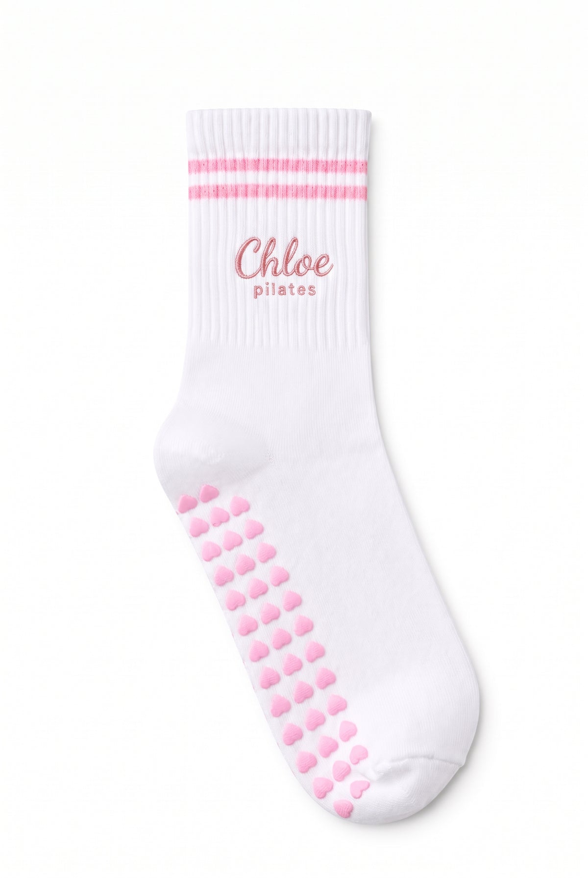 Pink crew pilates grip socks with custom embroidery on the cuff