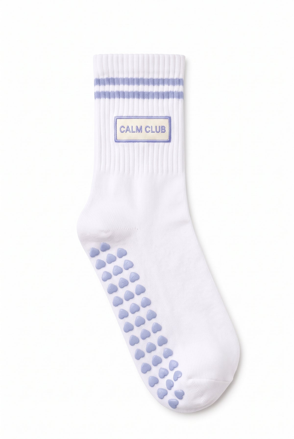 Ice Blue crew pilates grip socks with custom embroidery on the cuff