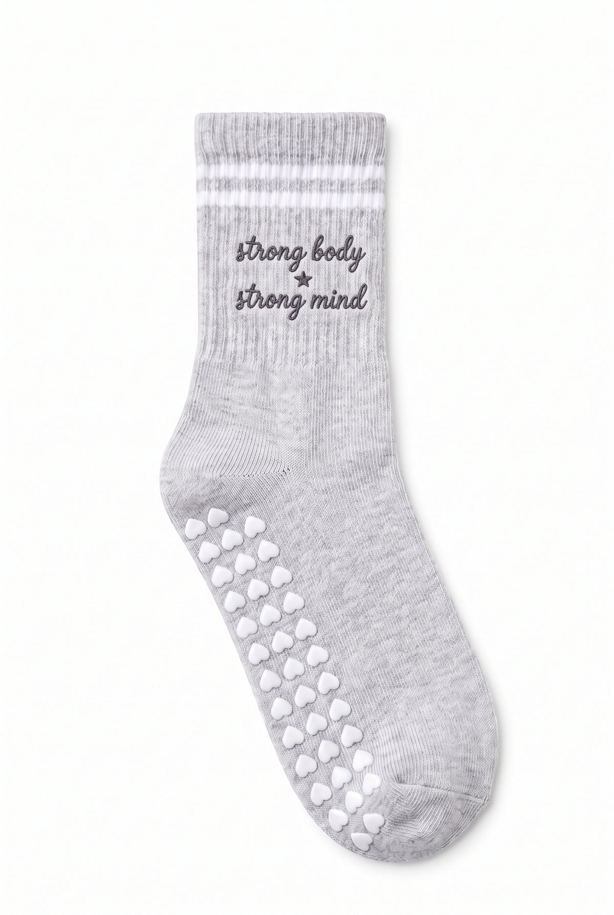 Grey crew pilates grip socks with custom embroidery on the cuff
