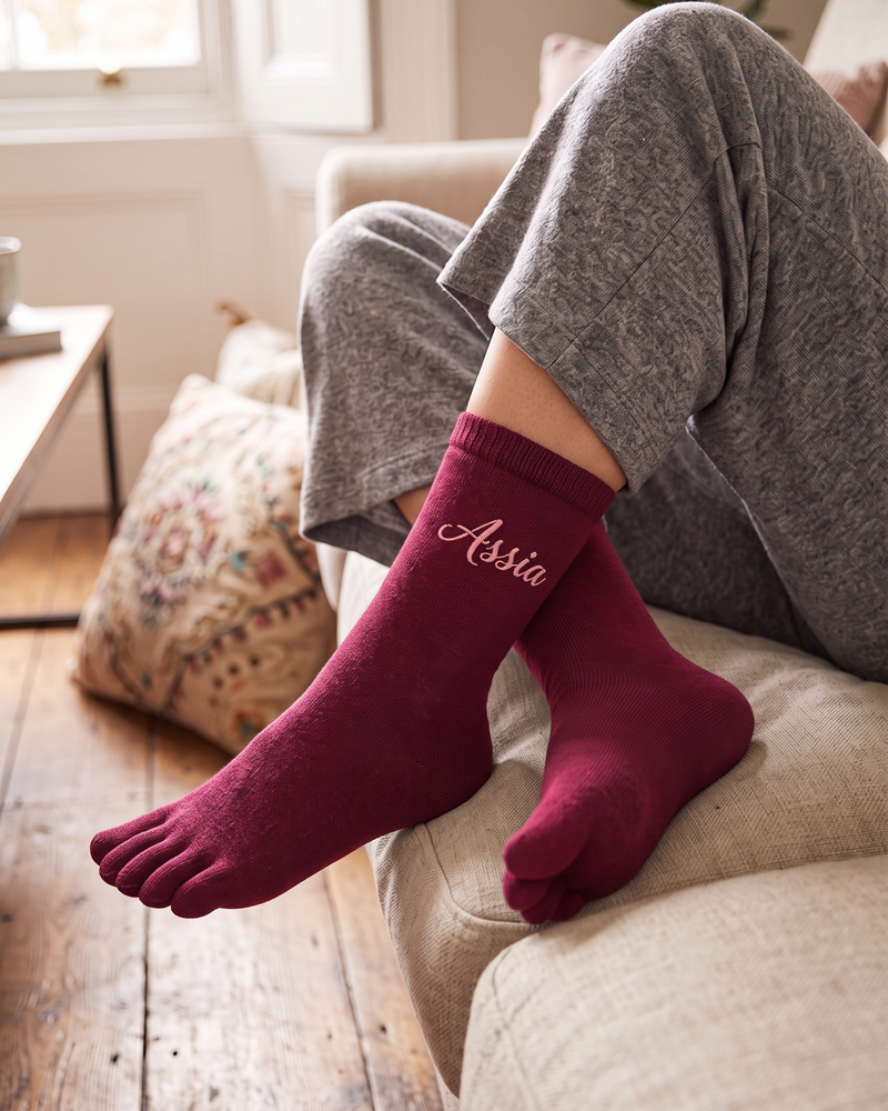 Burgundy Toe Socks | Personalized Embroidered Five-Toe Socks for Women