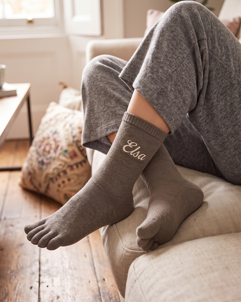 Khaki Toe Socks | Personalized Embroidered Five-Toe Socks for Women