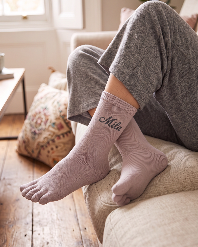 Wholesale Powder Pink Toe Socks | Bulk Custom Embroidered Five-Toe Socks, 100+ Pairs