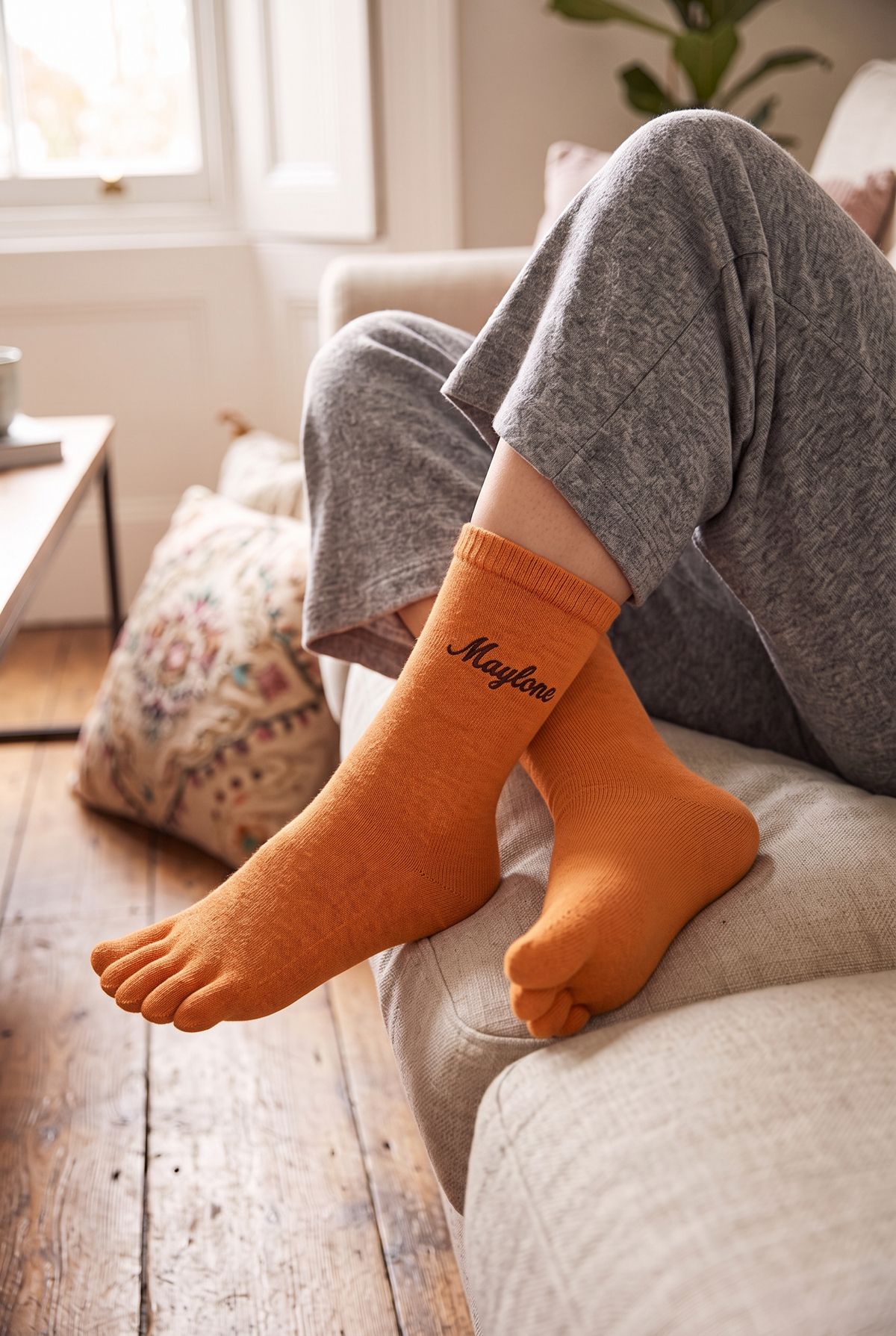 Model wearing orange embroidered toe socks