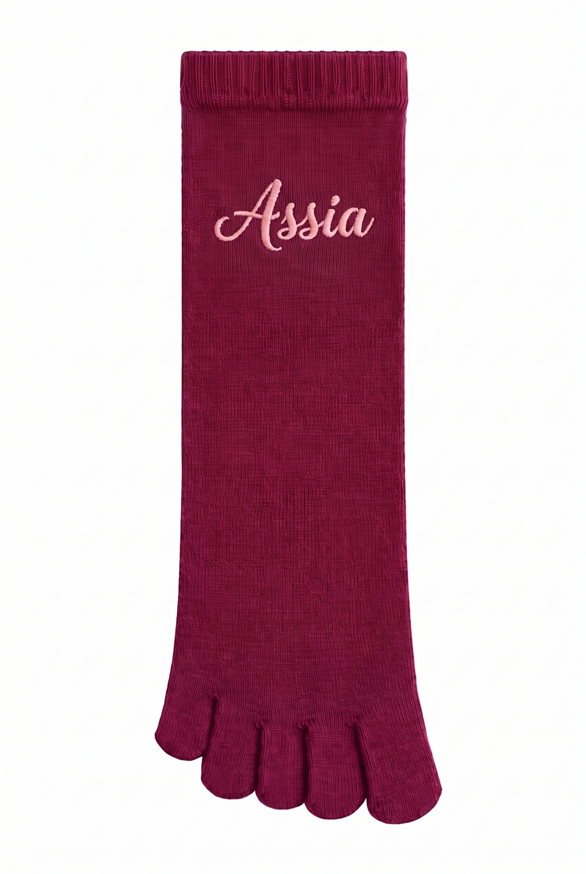 Burgundy toe socks with a custom name embroidered on the cuff
