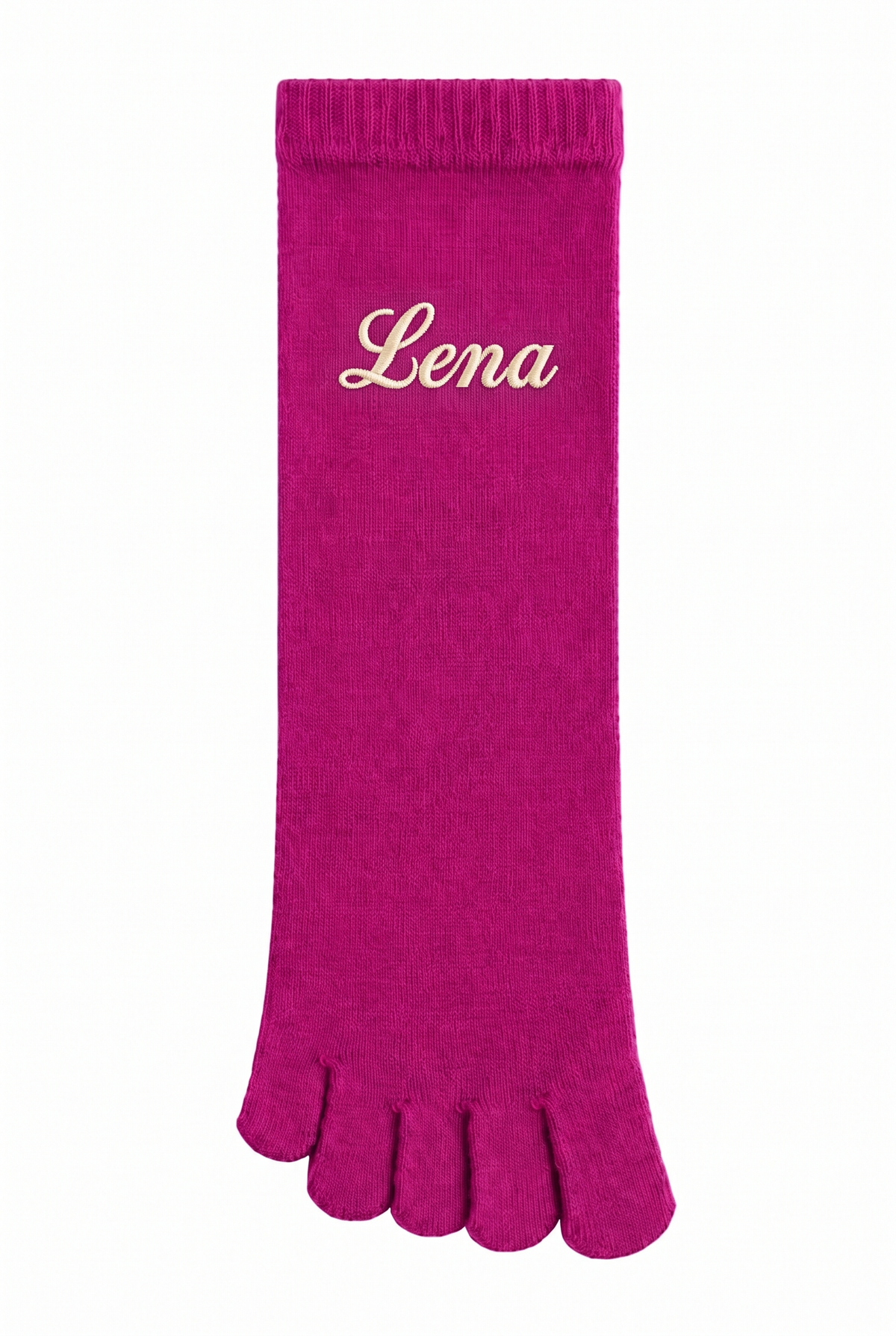 Fuchsia toe socks with a custom name embroidered on the cuff