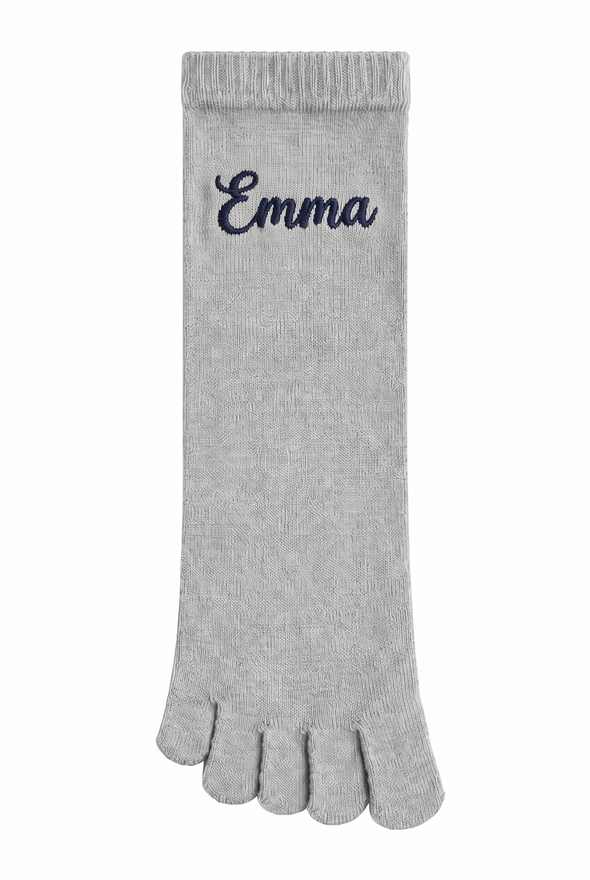 Grey toe socks with a custom name embroidered on the cuff
