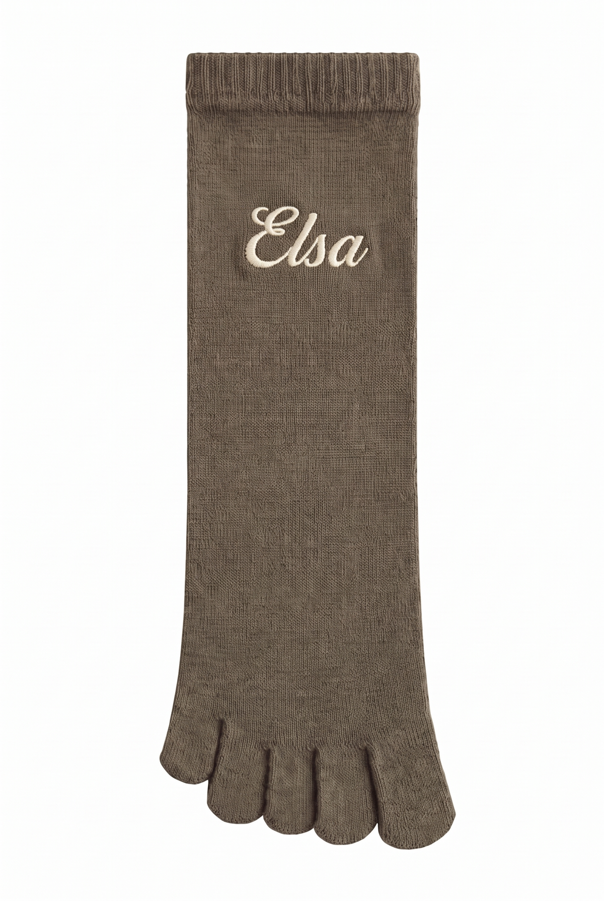 Khaki toe socks with a custom name embroidered on the cuff