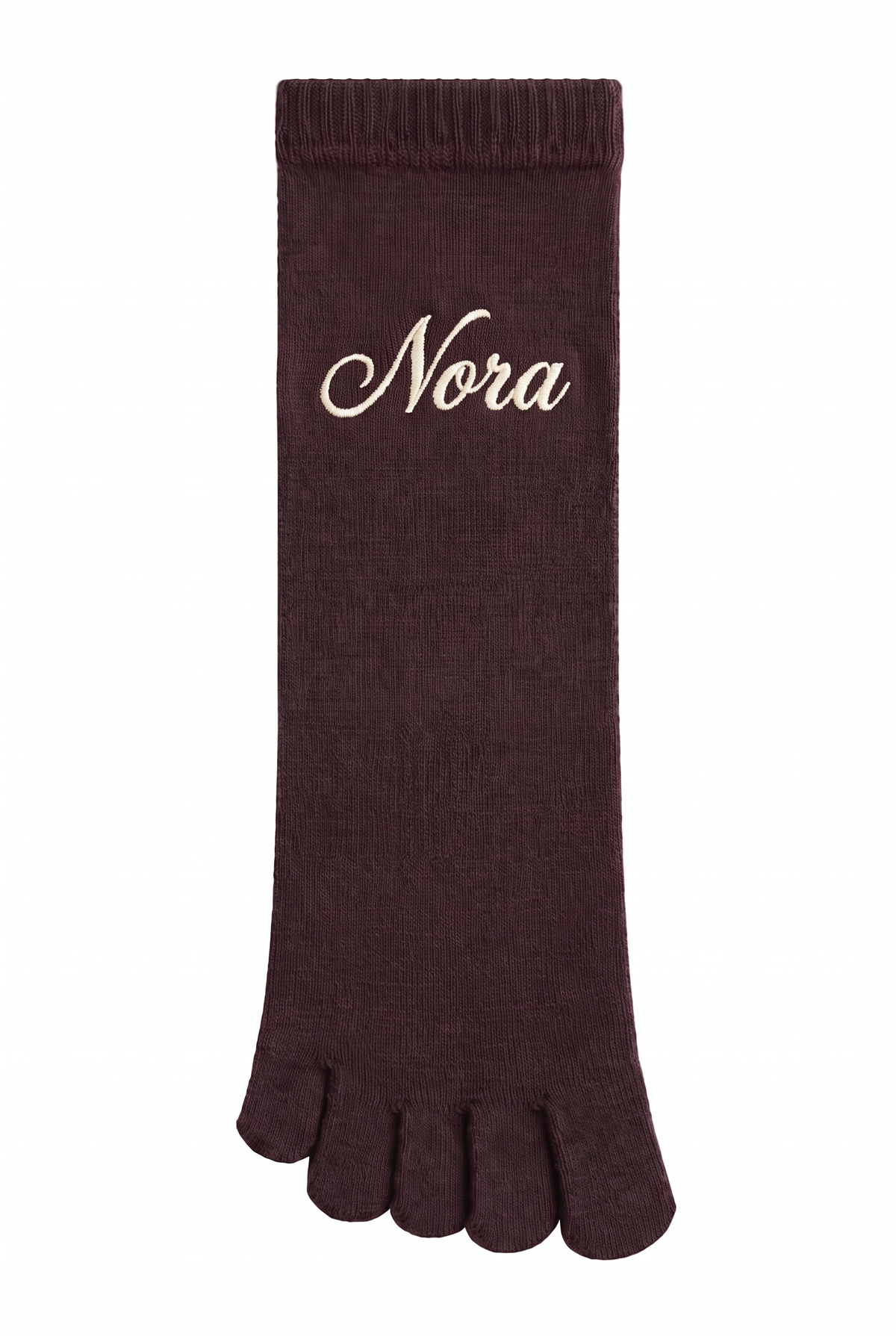 Dark Brown toe socks with a custom name embroidered on the cuff