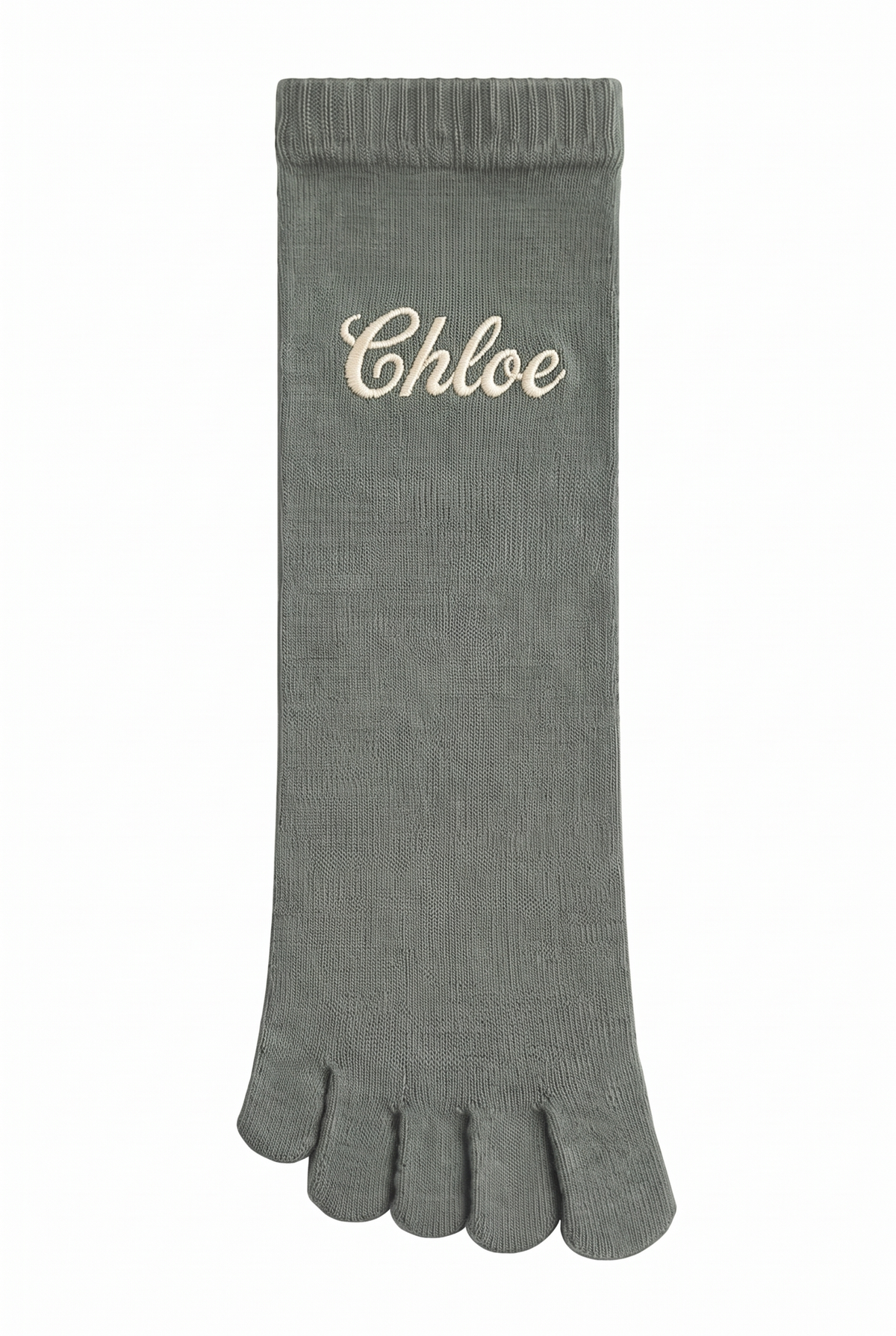 Dark Green toe socks with a custom name embroidered on the cuff