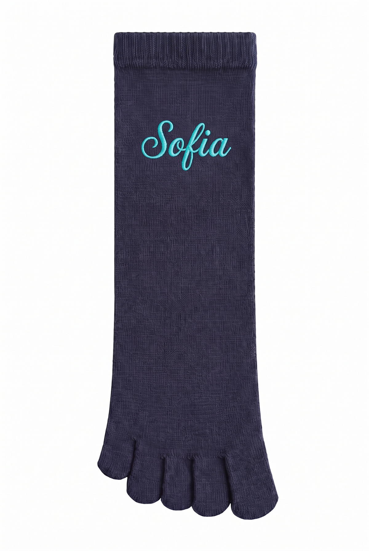 Navy toe socks with a custom name embroidered on the cuff