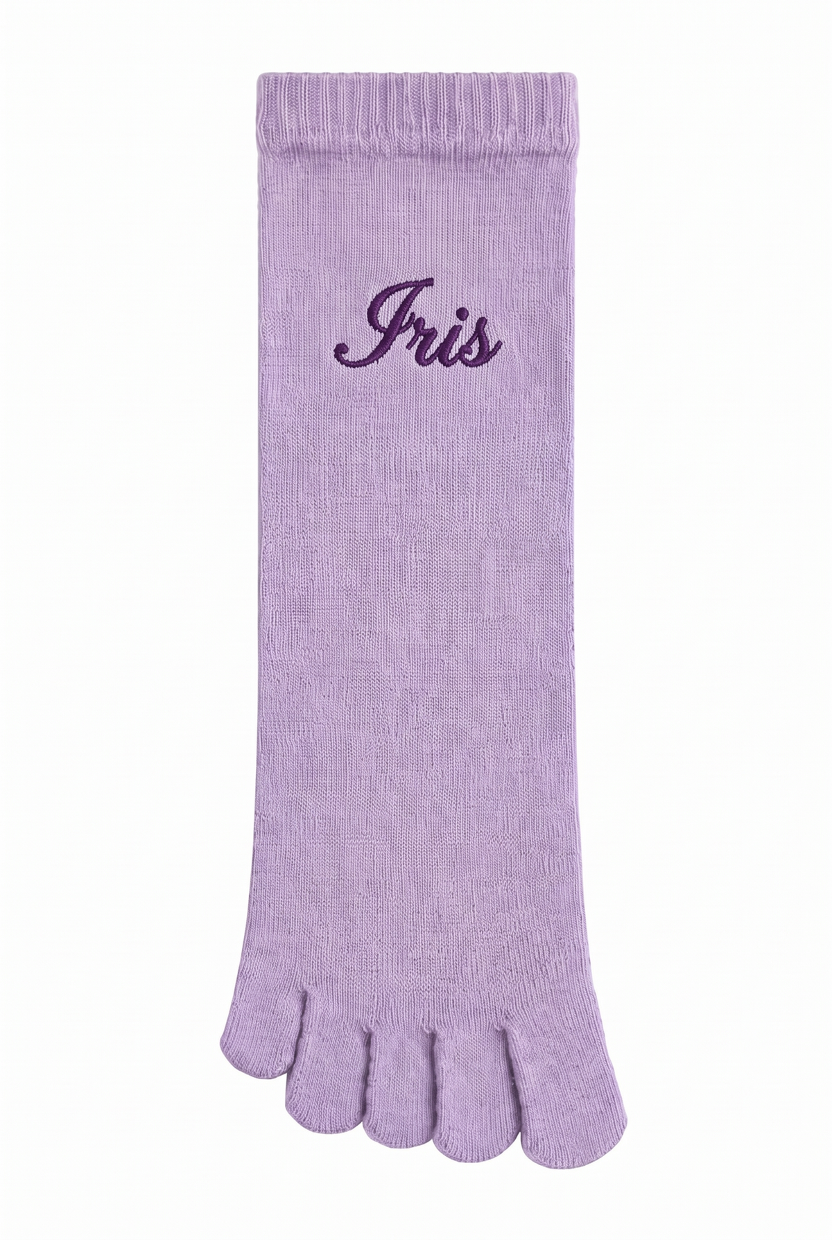 Lilac toe socks with a custom name embroidered on the cuff