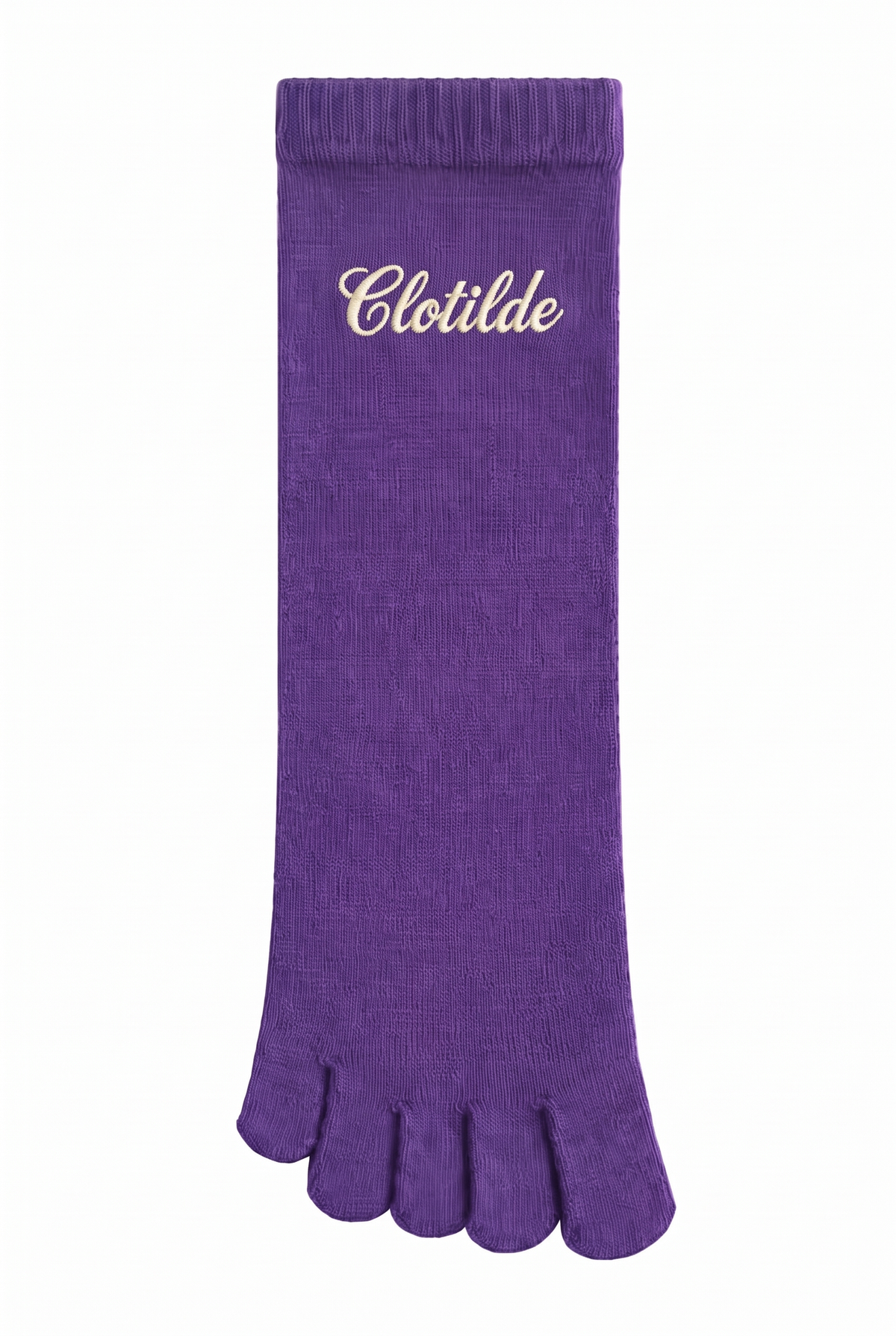 Purple toe socks with a custom name embroidered on the cuff