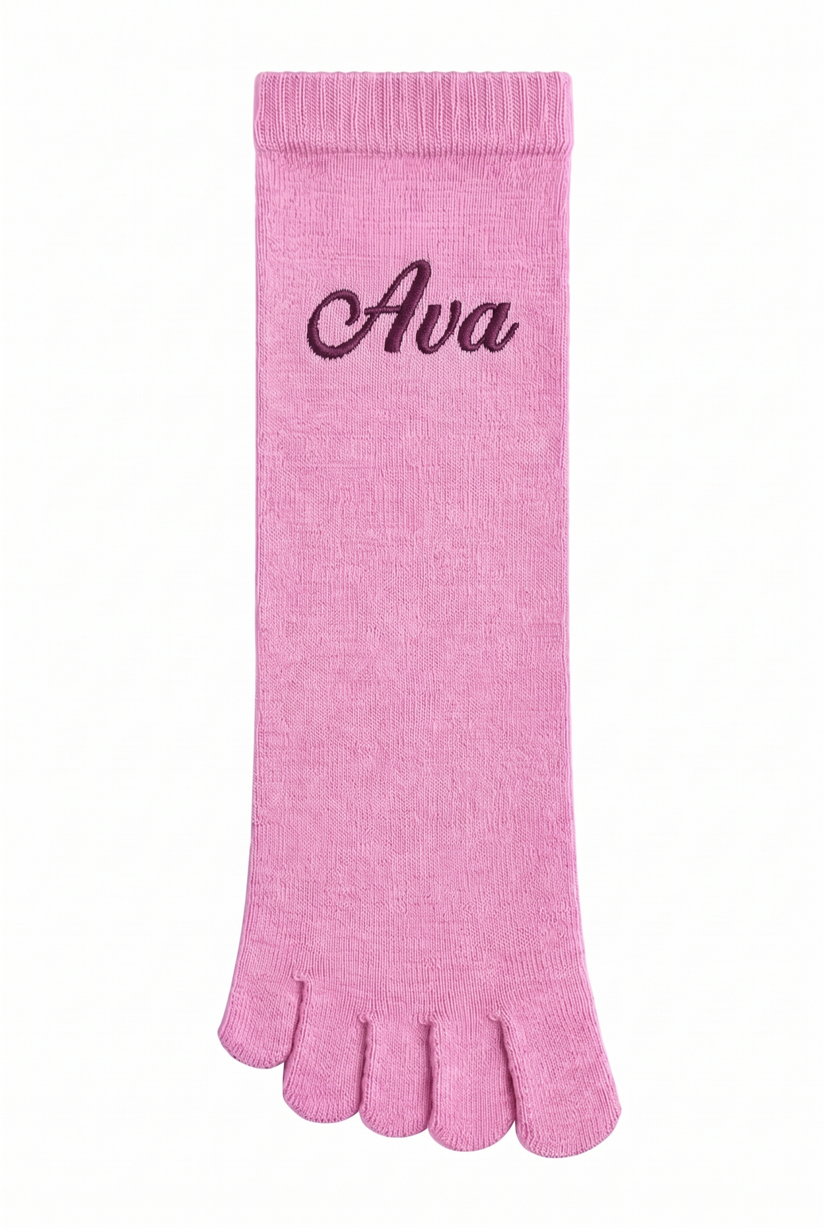 Pink toe socks with a custom name embroidered on the cuff