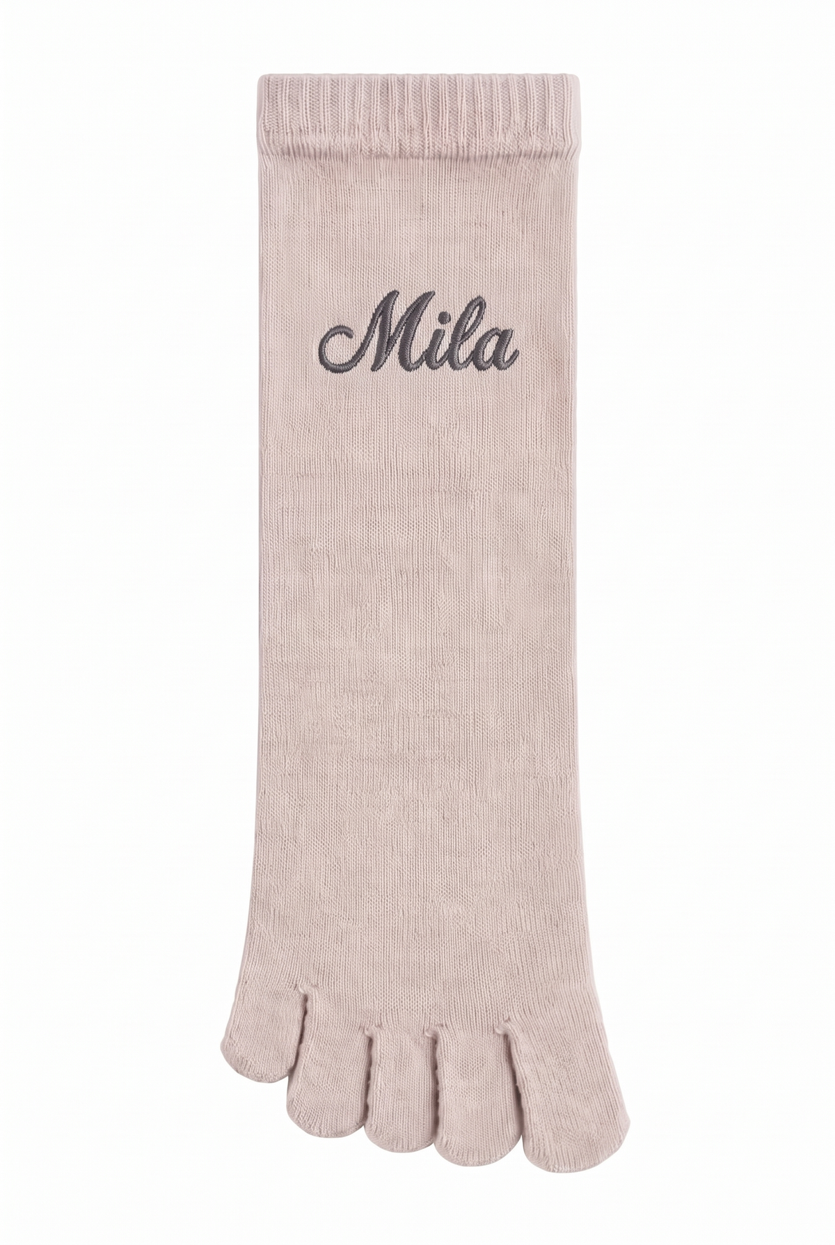 Powder Pink toe socks with a custom name embroidered on the cuff