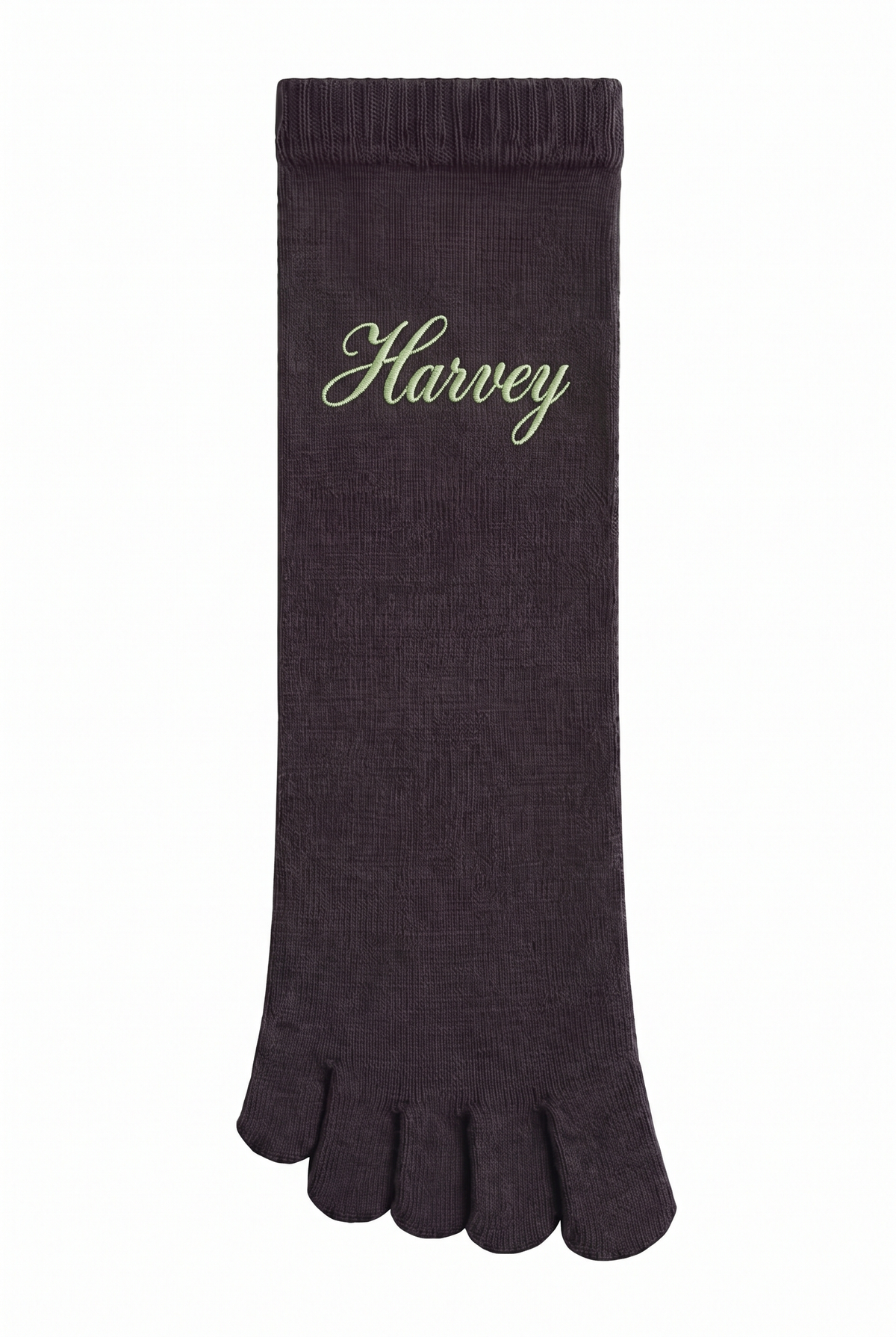 Black toe socks with a custom name embroidered on the cuff