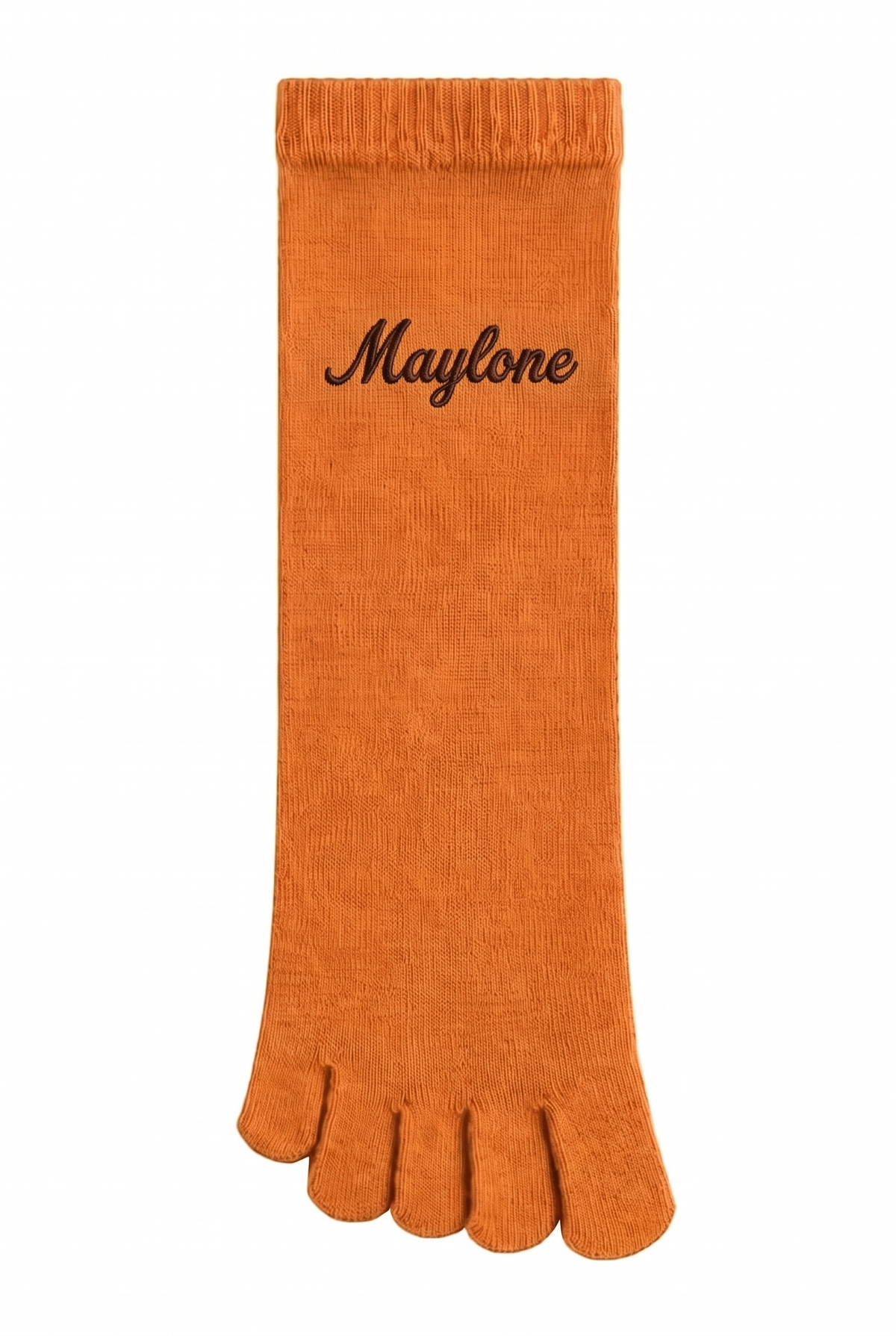 Orange toe socks with a custom name embroidered on the cuff