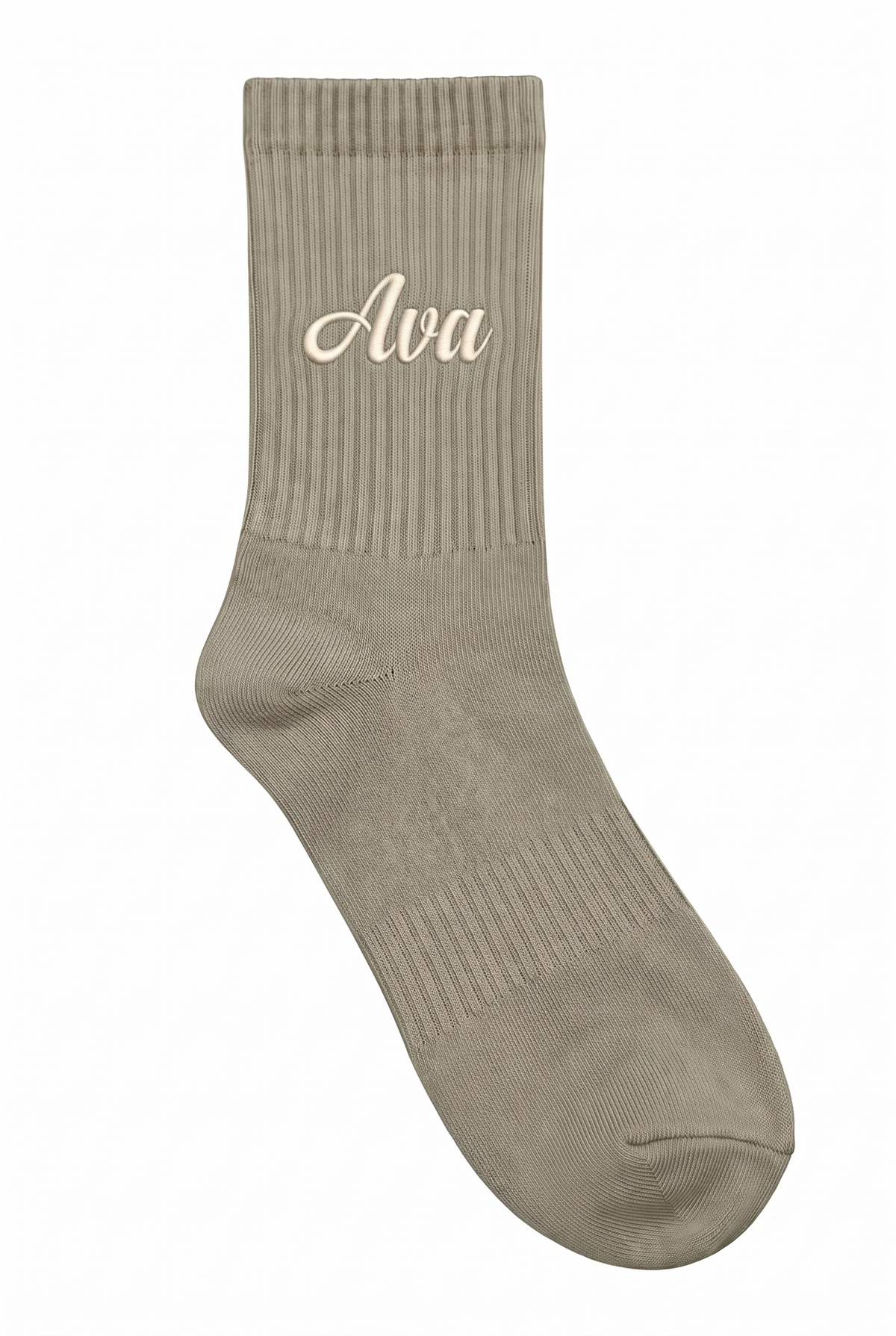 Khaki tennis socks with custom embroidery on the cuff