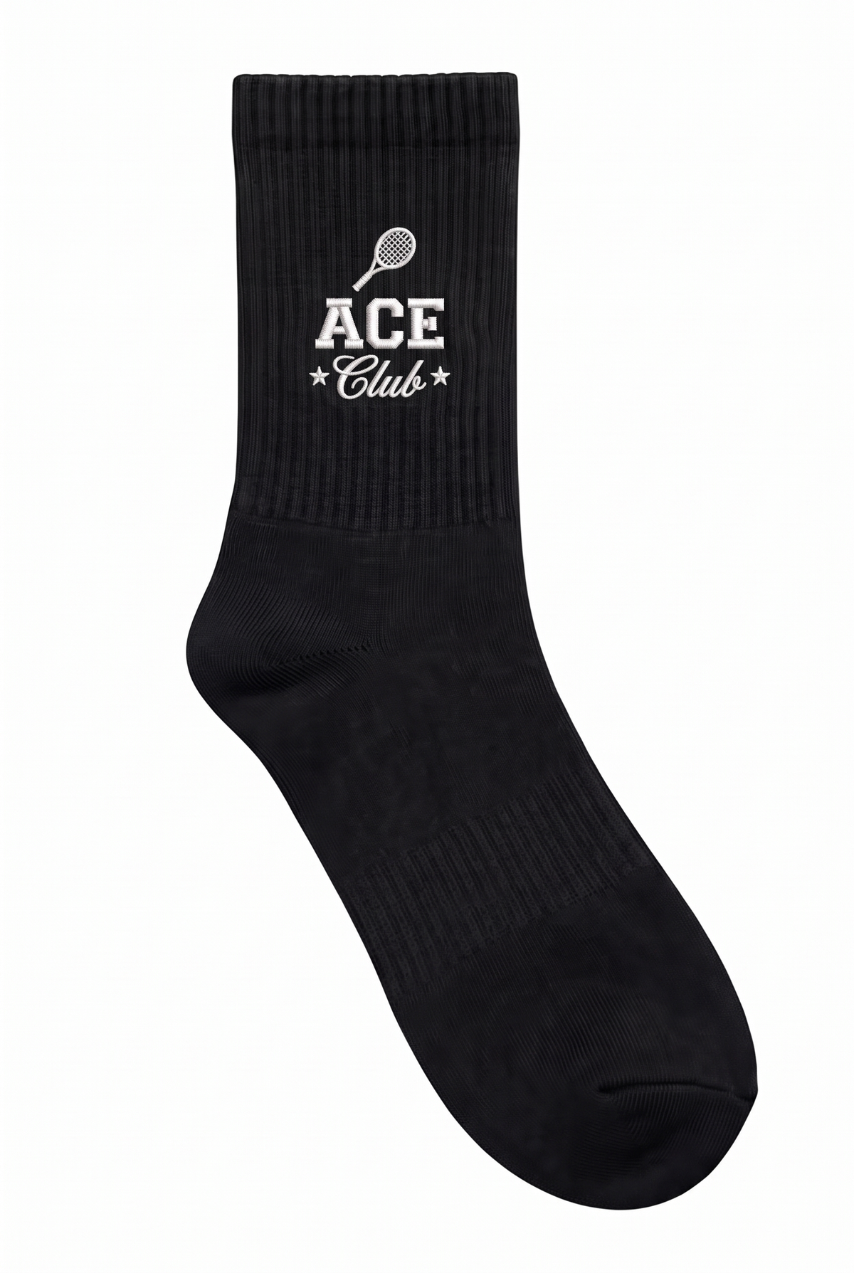 Black tennis socks with custom embroidery on the cuff