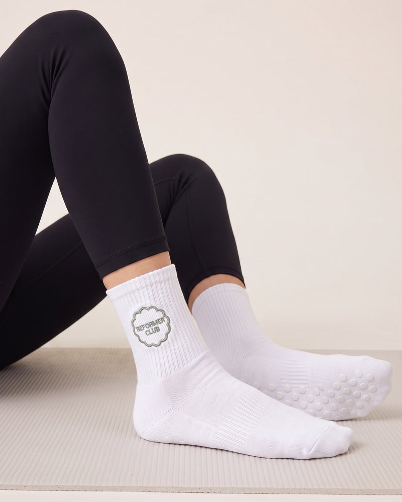 Wholesale White Dot Grip Pilates Socks | Bulk Custom Embroidery, 100+ Pairs