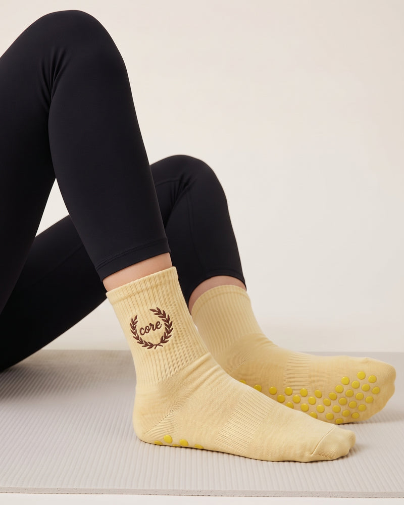 Wholesale Yellow Dot Grip Pilates Socks | Bulk Custom Embroidery, 100+ Pairs