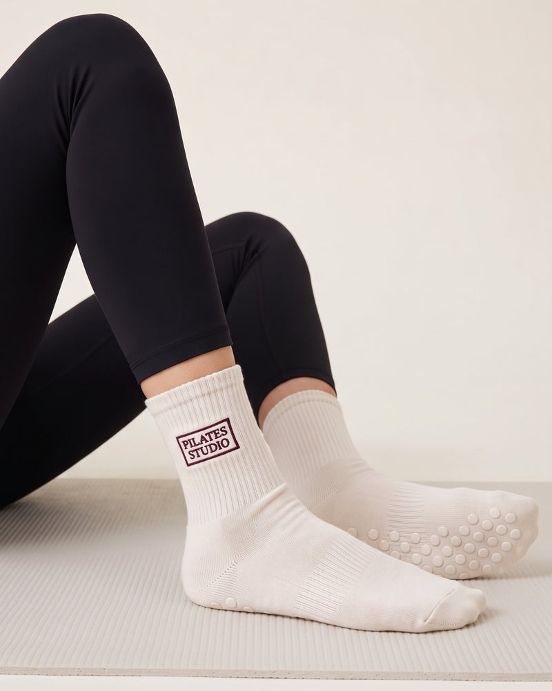 Off White Dot Grip Pilates Socks | Personalized Embroidered Grip Socks for Women