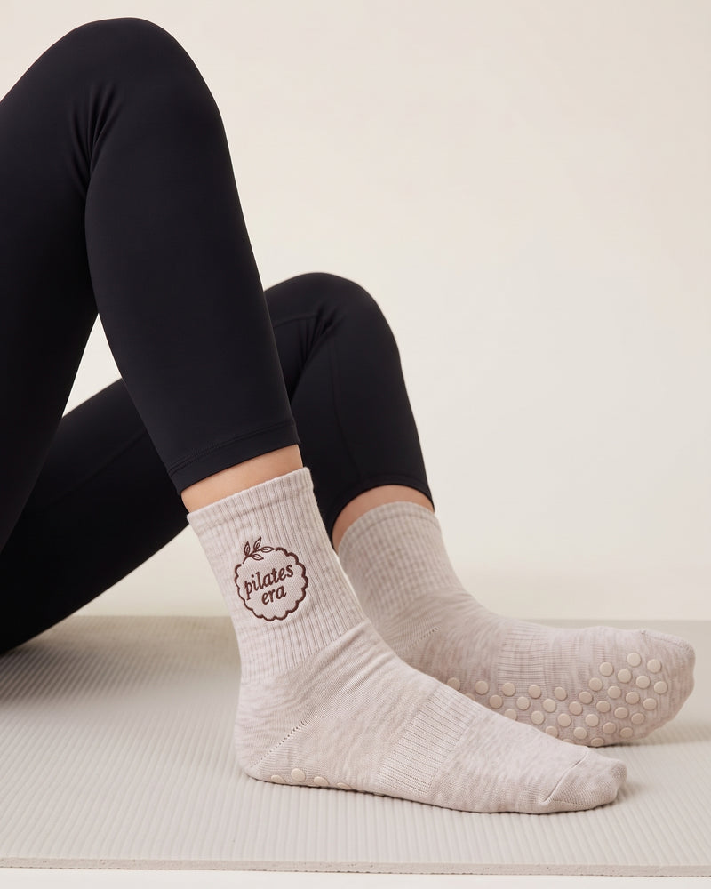 Wholesale Beige Melange Dot Grip Pilates Socks | Bulk Custom Embroidery, 100+ Pairs
