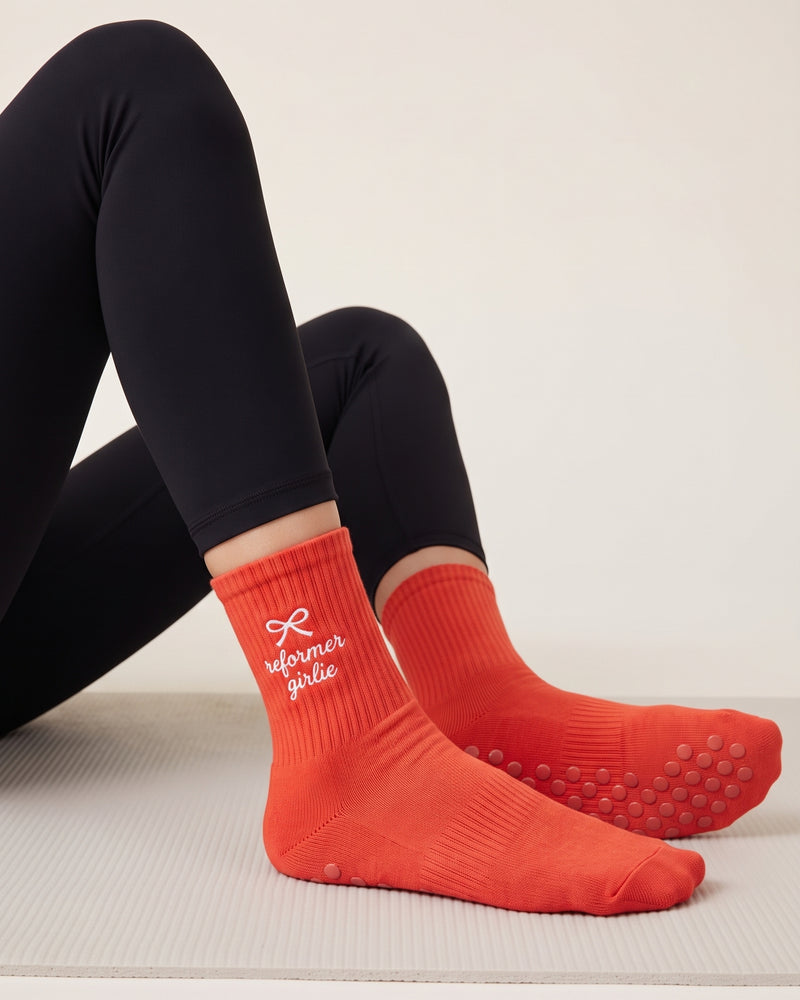 Orange Dot Grip Pilates Socks | Personalized Embroidered Grip Socks for Women