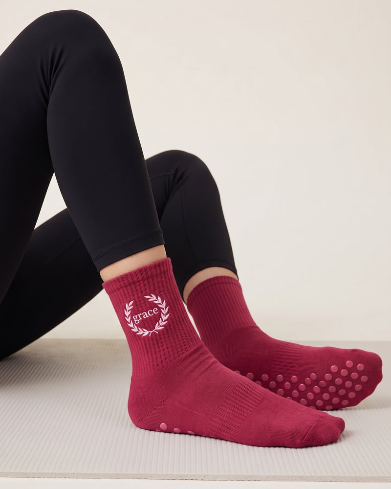 Berry Dot Grip Pilates Socks | Personalized Embroidered Grip Socks for Women