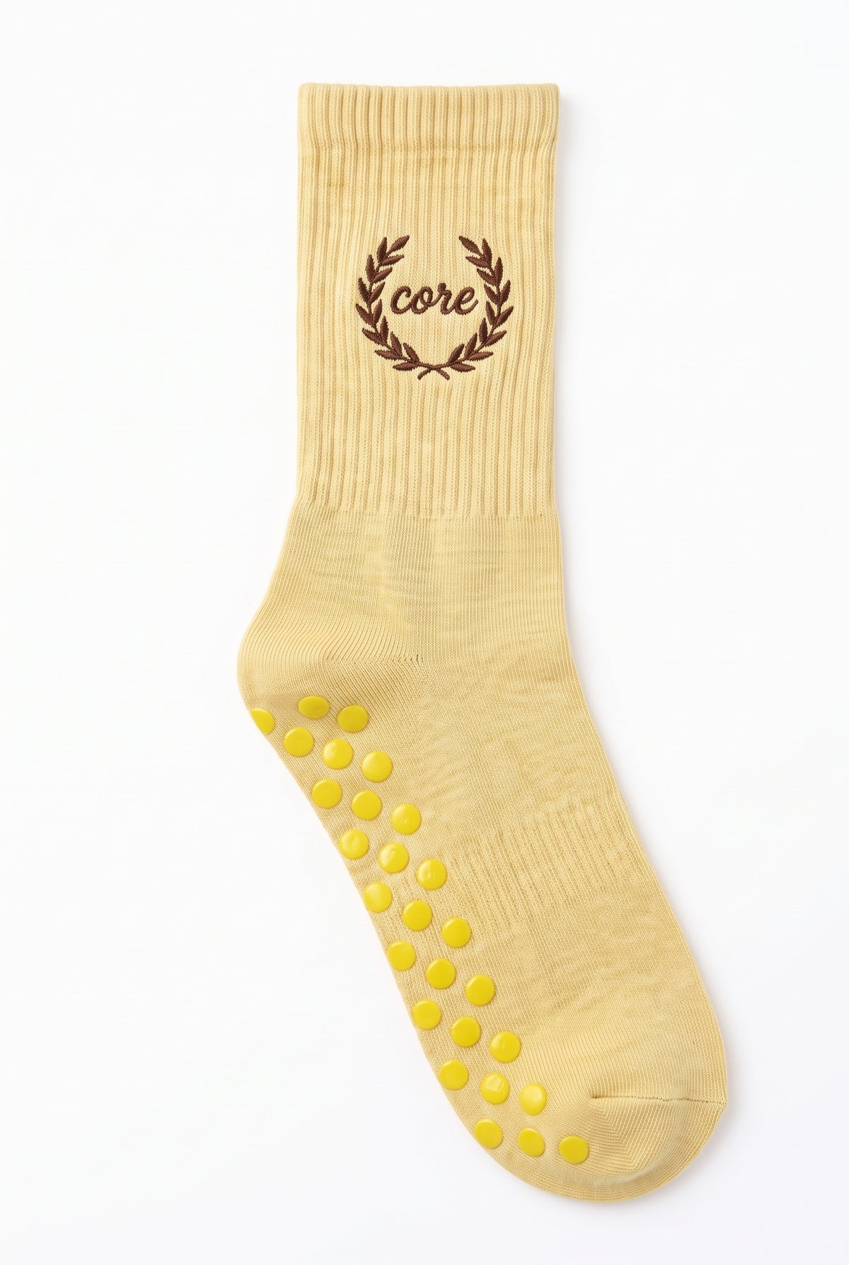 Yellow dot grip pilates socks with custom embroidery on the cuff