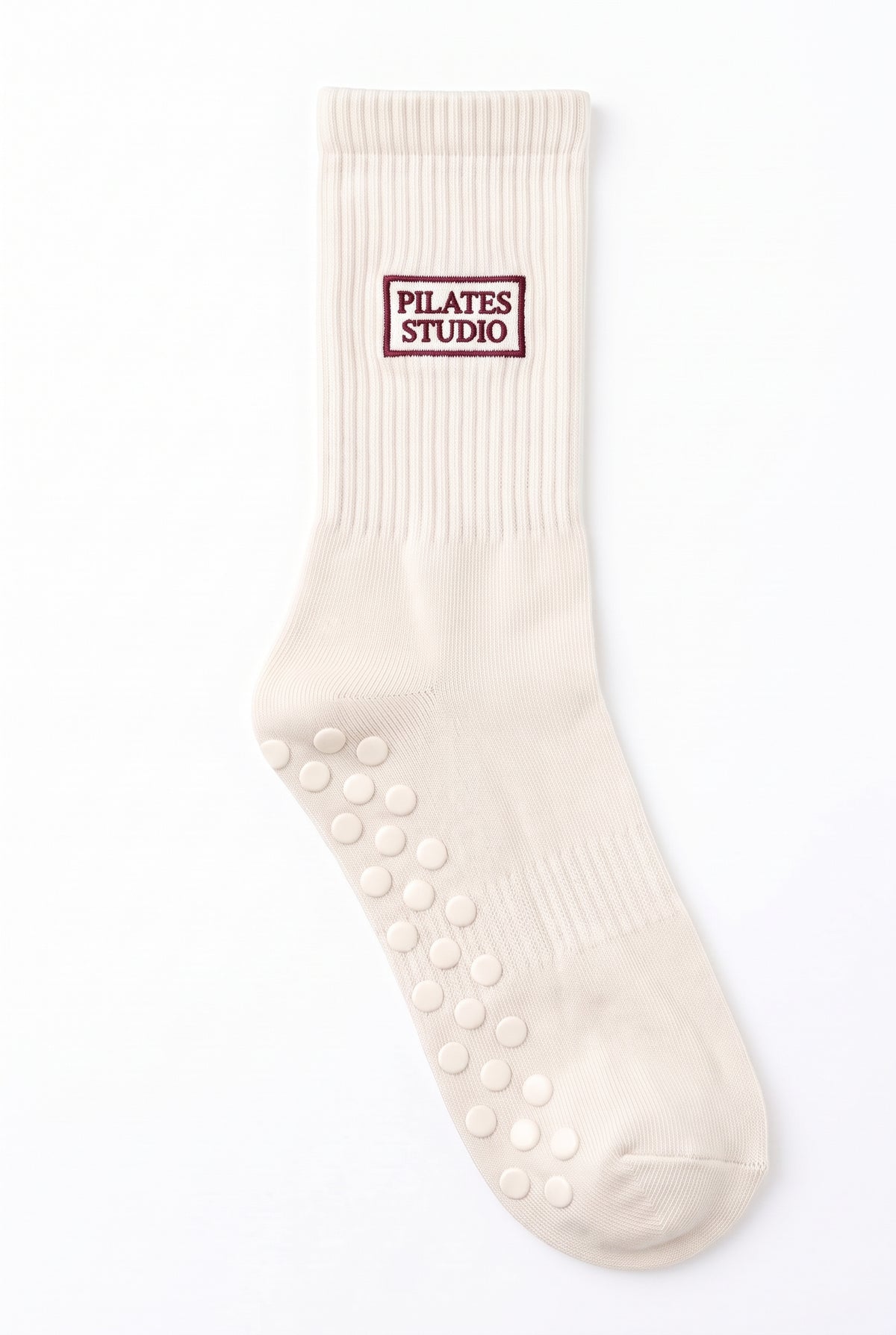 Off White dot grip pilates socks with custom embroidery on the cuff