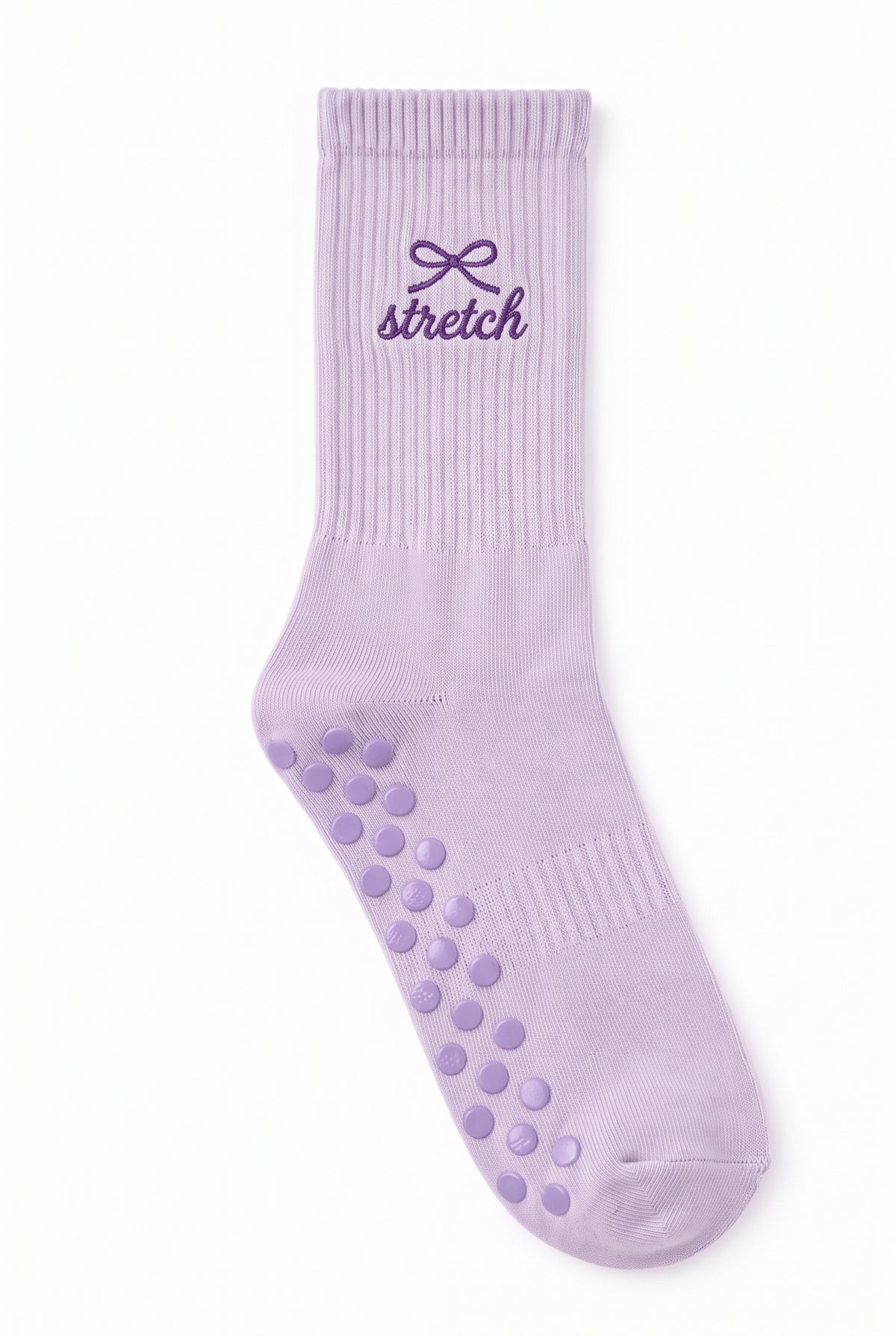 Lavender dot grip pilates socks with custom embroidery on the cuff