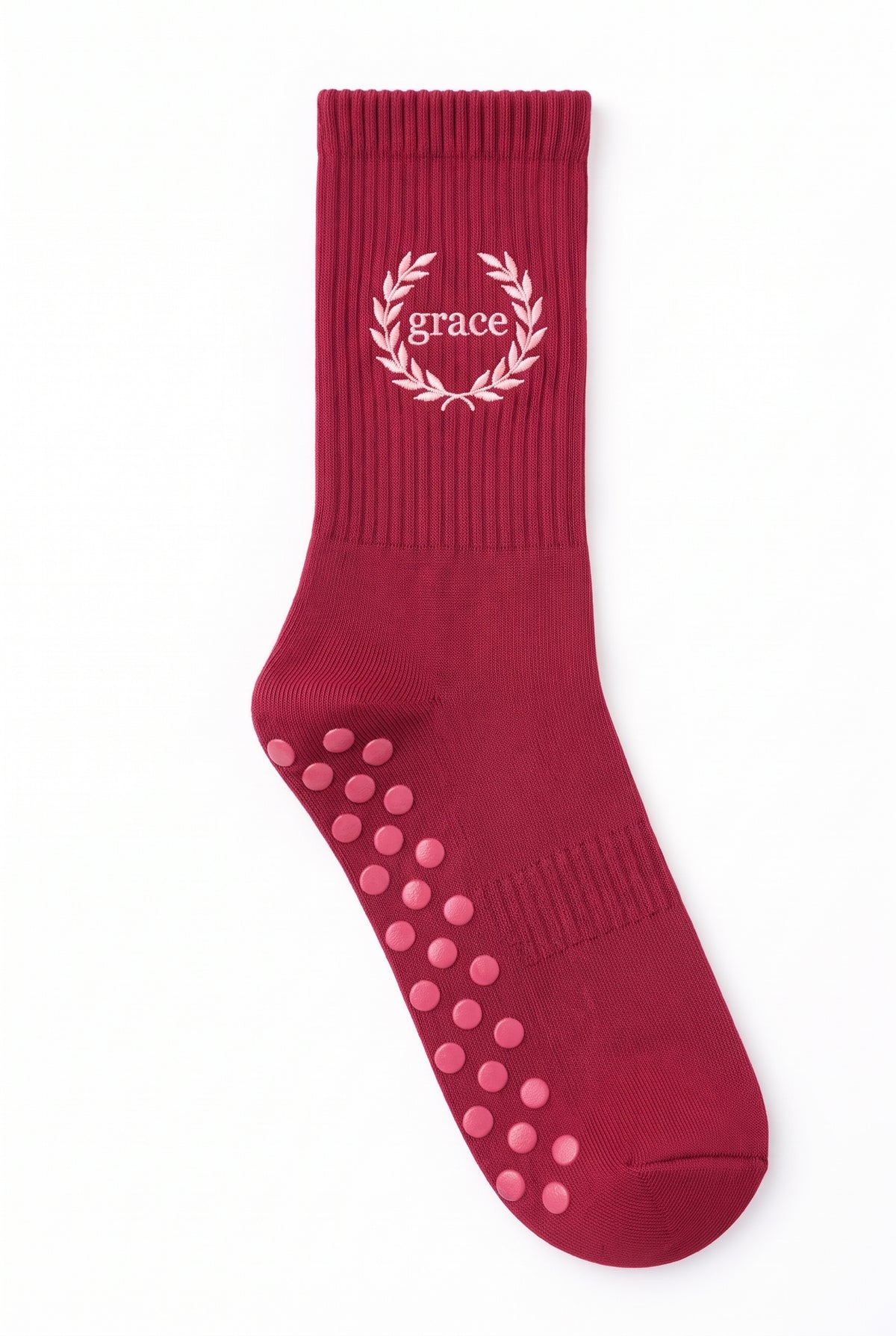 Berry dot grip pilates socks with custom embroidery on the cuff