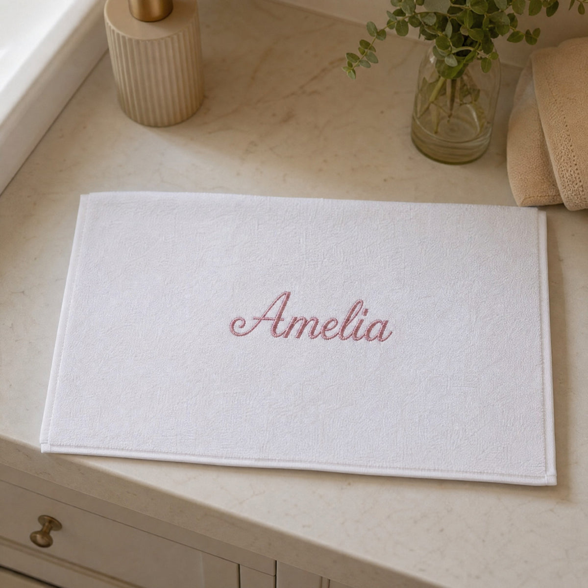 Amelia personalized bamboo hand towel, dusty pink script embroidery on white — photo 2