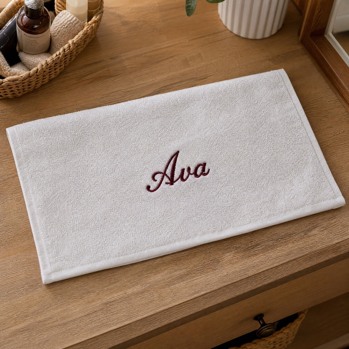 Ava personalized bamboo hand towel, burgundy script embroidery on white — photo 4